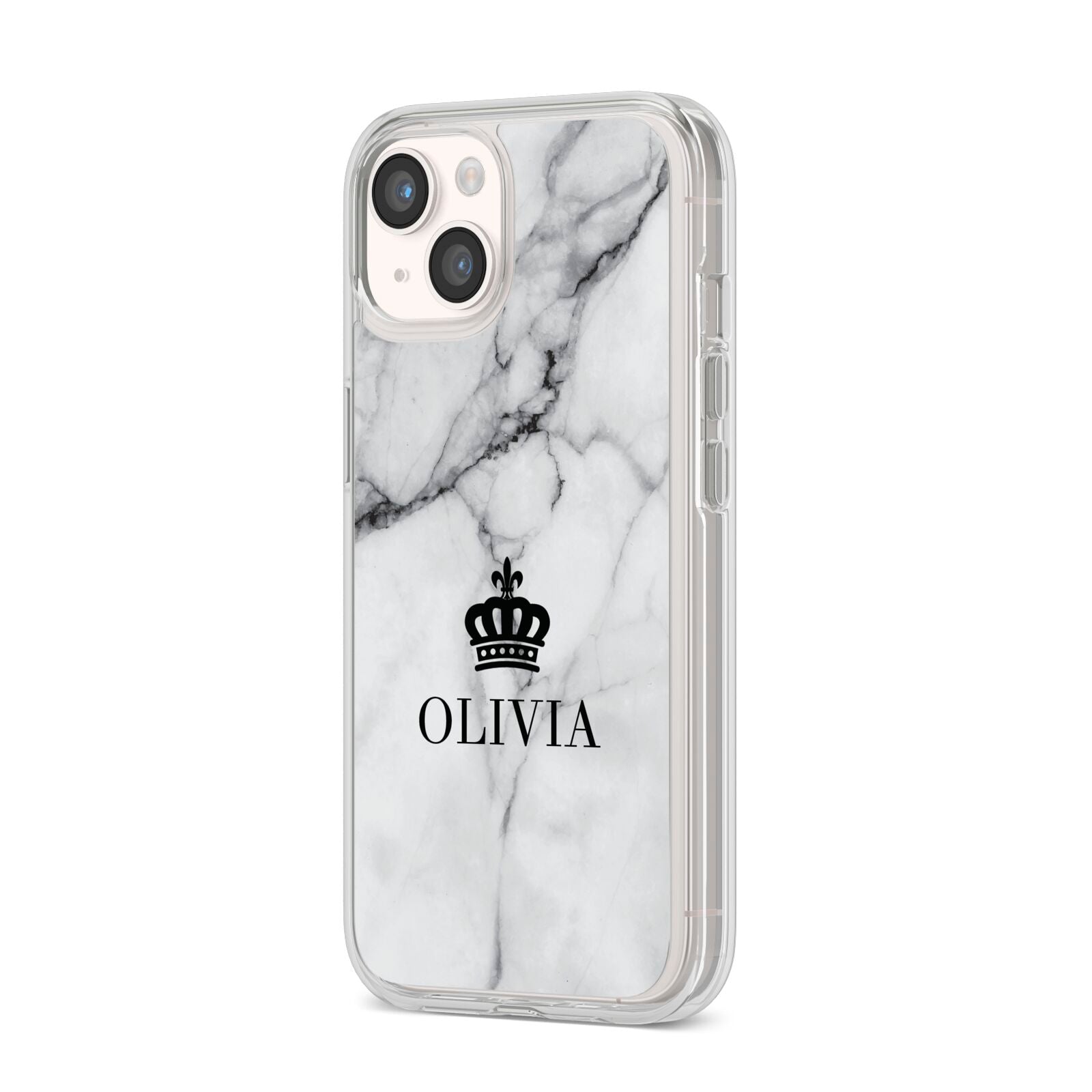 Personalised Marble Name Crown iPhone 14 Clear Tough Case Starlight Angled Image