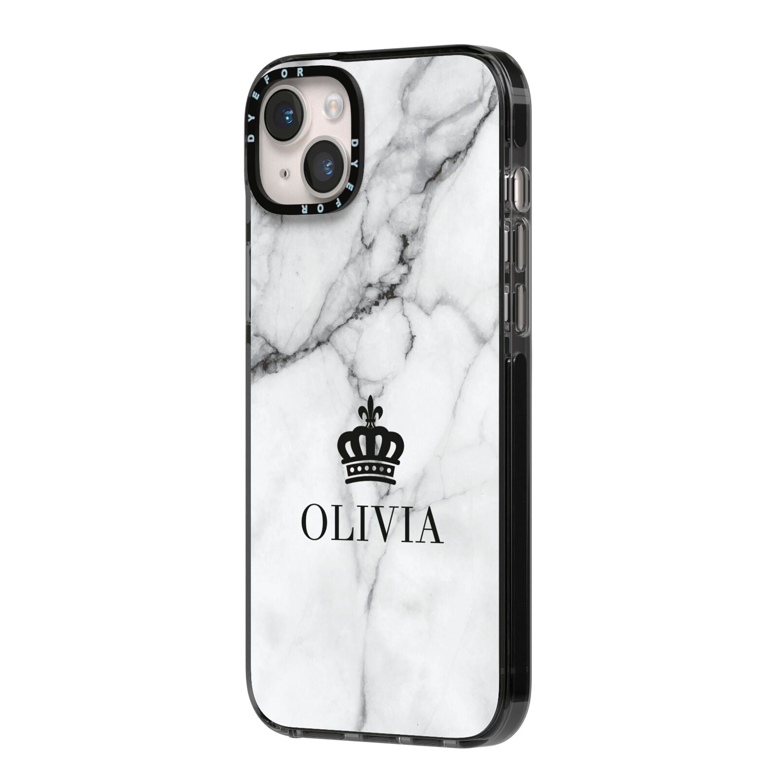 Personalised Marble Name Crown iPhone 14 Plus Black Impact Case Side Angle on Silver phone