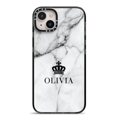 Personalised Marble Name Crown iPhone 14 Plus Black Impact Case on Silver phone