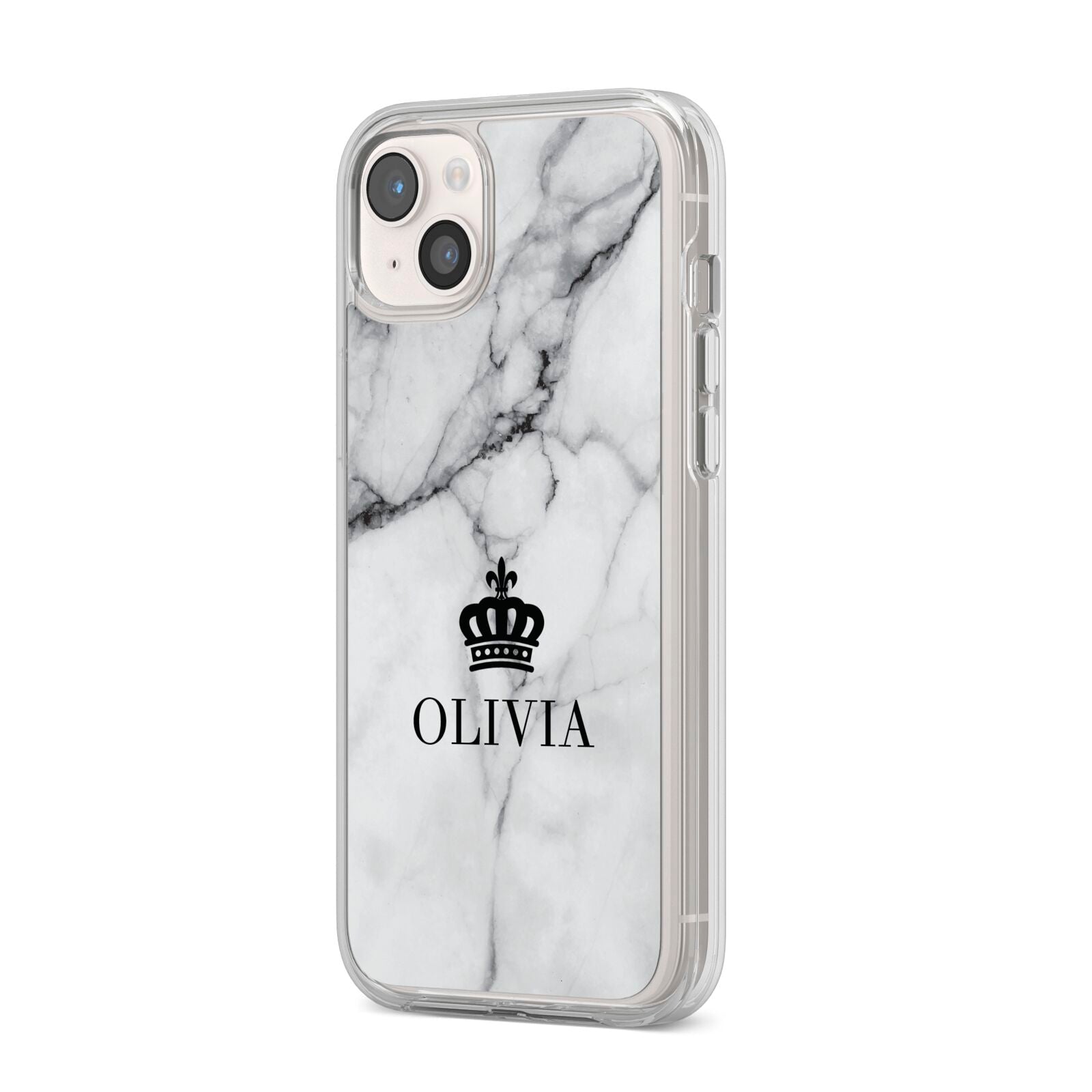 Personalised Marble Name Crown iPhone 14 Plus Clear Tough Case Starlight Angled Image