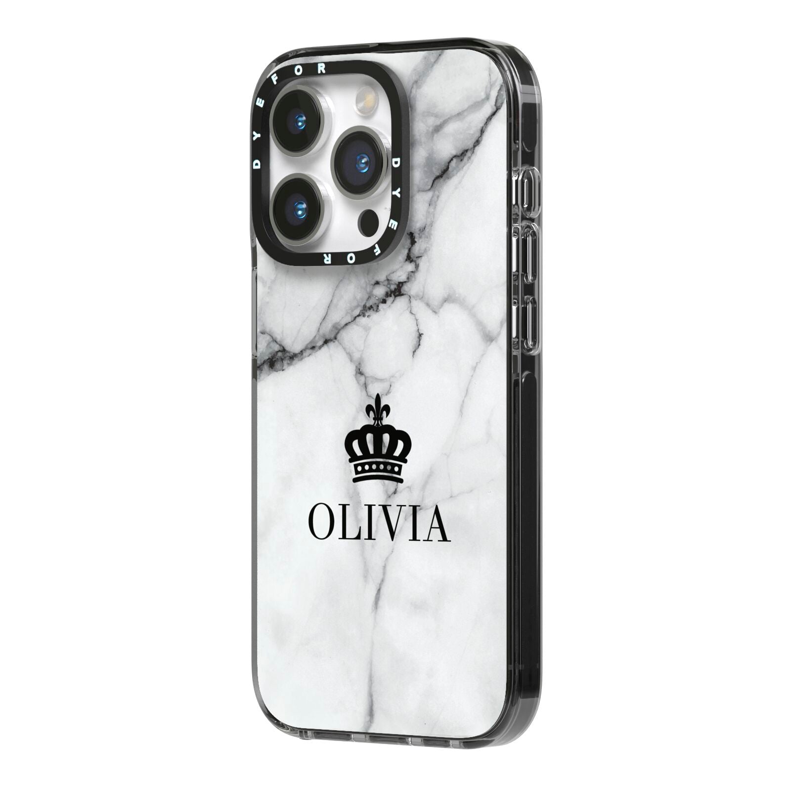 Personalised Marble Name Crown iPhone 14 Pro Black Impact Case Side Angle on Silver phone