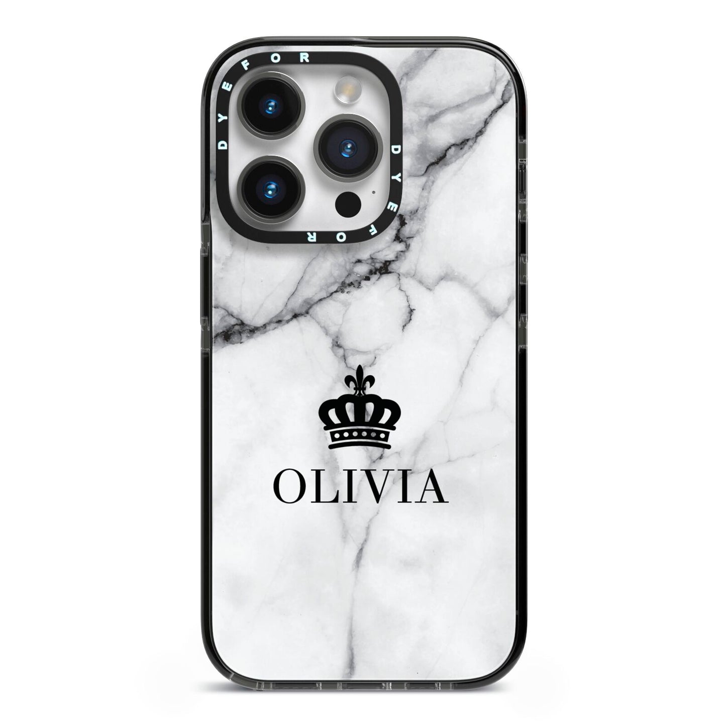 Personalised Marble Name Crown iPhone 14 Pro Black Impact Case on Silver phone