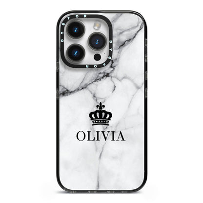 Personalised Marble Name Crown iPhone 14 Pro Black Impact Case on Silver phone