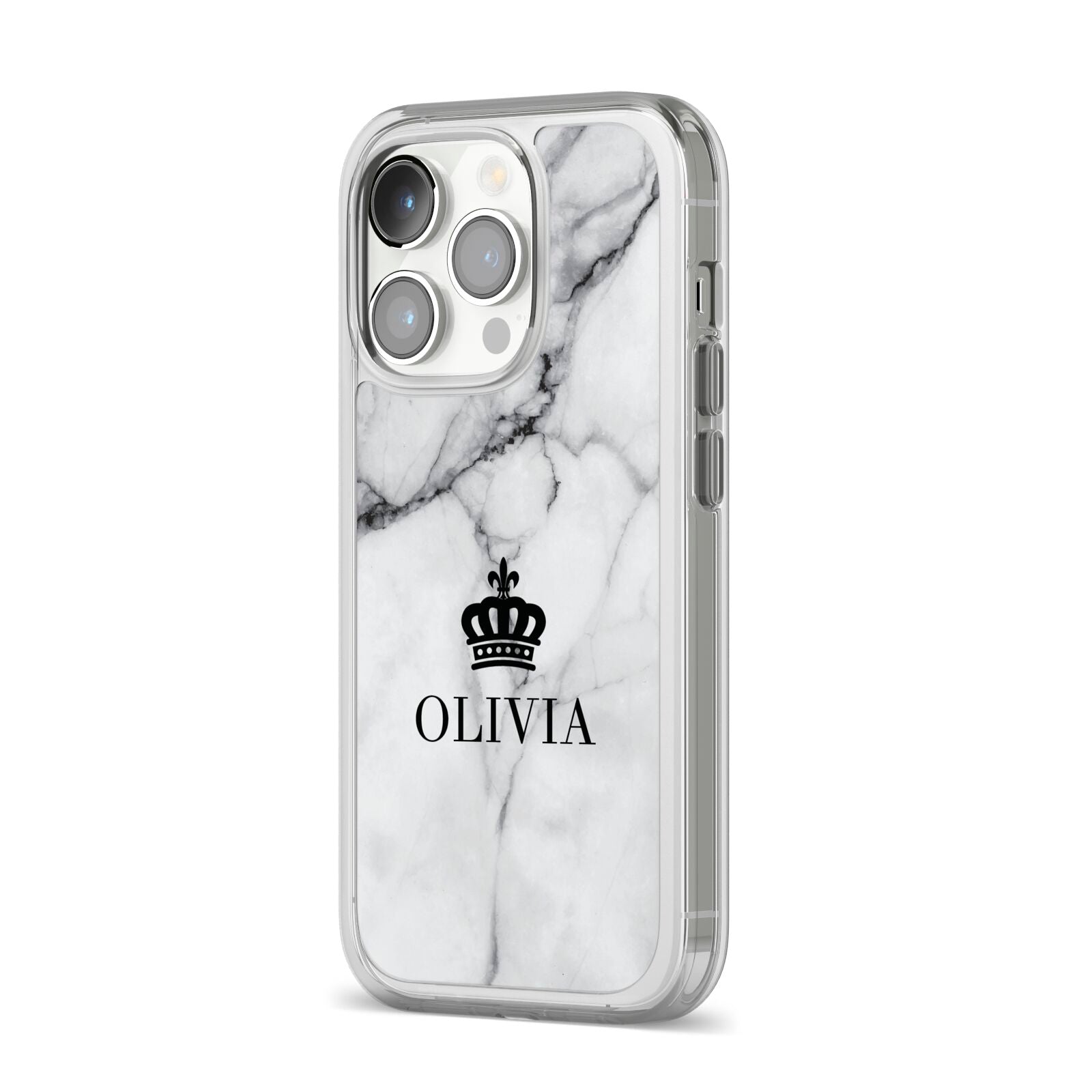 Personalised Marble Name Crown iPhone 14 Pro Clear Tough Case Silver Angled Image