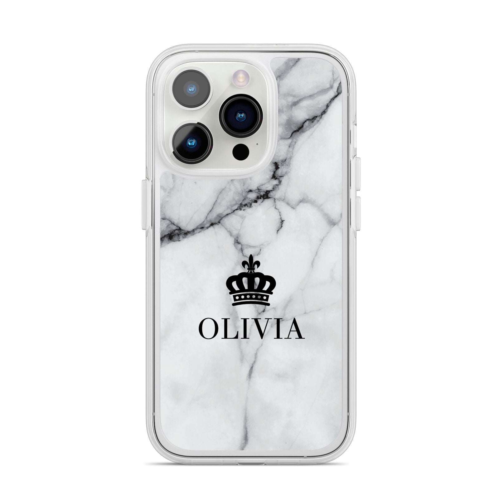 Personalised Marble Name Crown iPhone 14 Pro Clear Tough Case Silver
