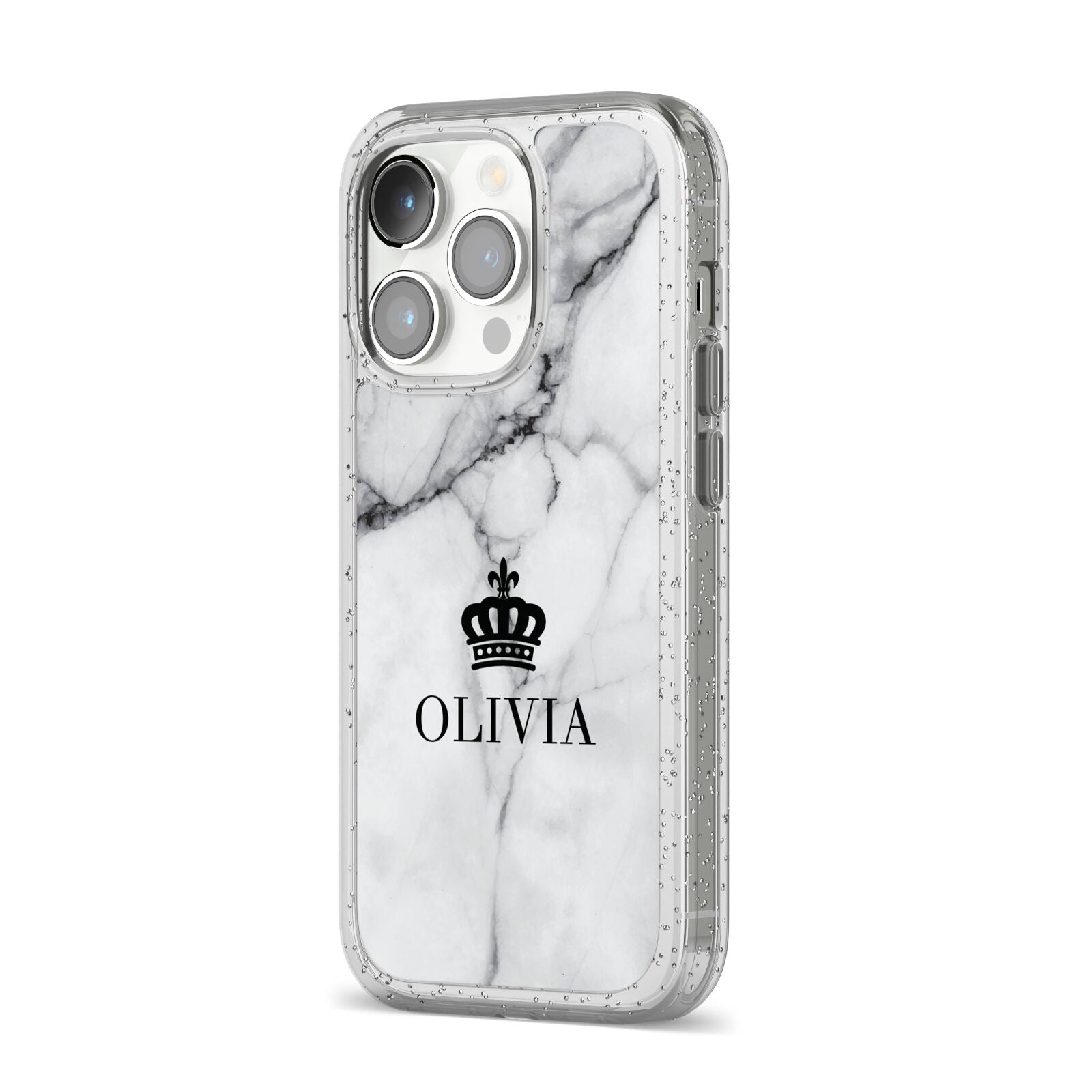Personalised Marble Name Crown iPhone 14 Pro Glitter Tough Case Silver Angled Image