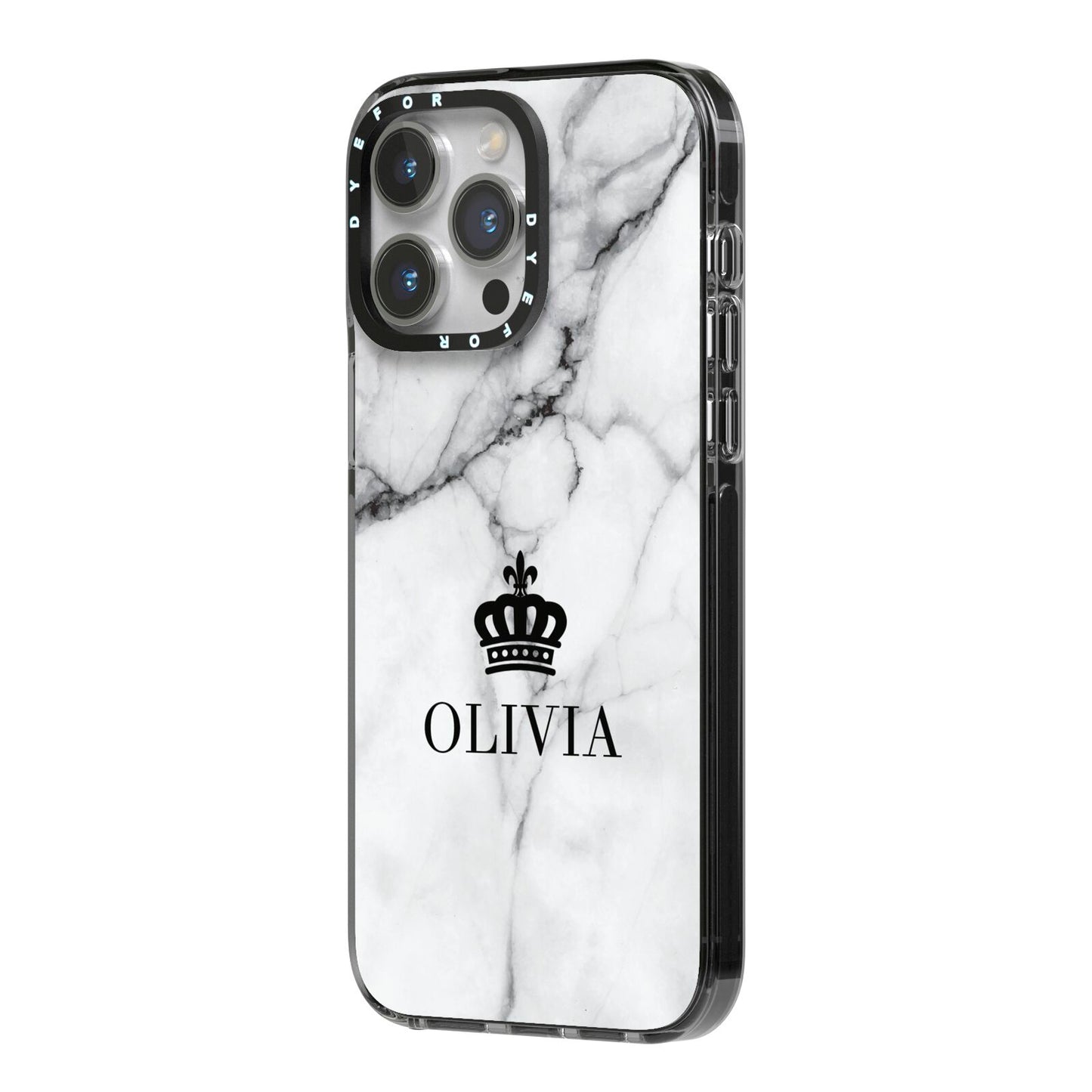 Personalised Marble Name Crown iPhone 14 Pro Max Black Impact Case Side Angle on Silver phone