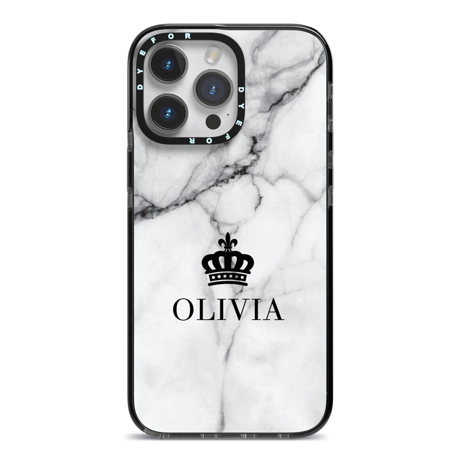 Personalised Marble Name Crown iPhone 14 Pro Max Black Impact Case on Silver phone