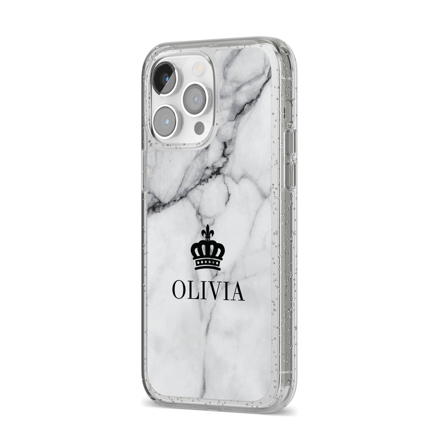 Personalised Marble Name Crown iPhone 14 Pro Max Glitter Tough Case Silver Angled Image