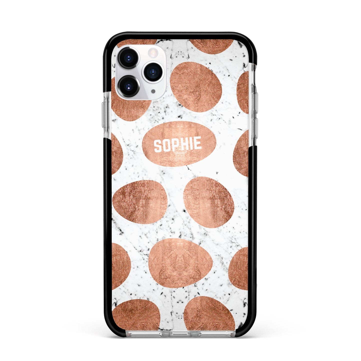 Personalised Marble Name Initials Rose Gold Dots Apple iPhone 11 Pro Max in Silver with Black Impact Case