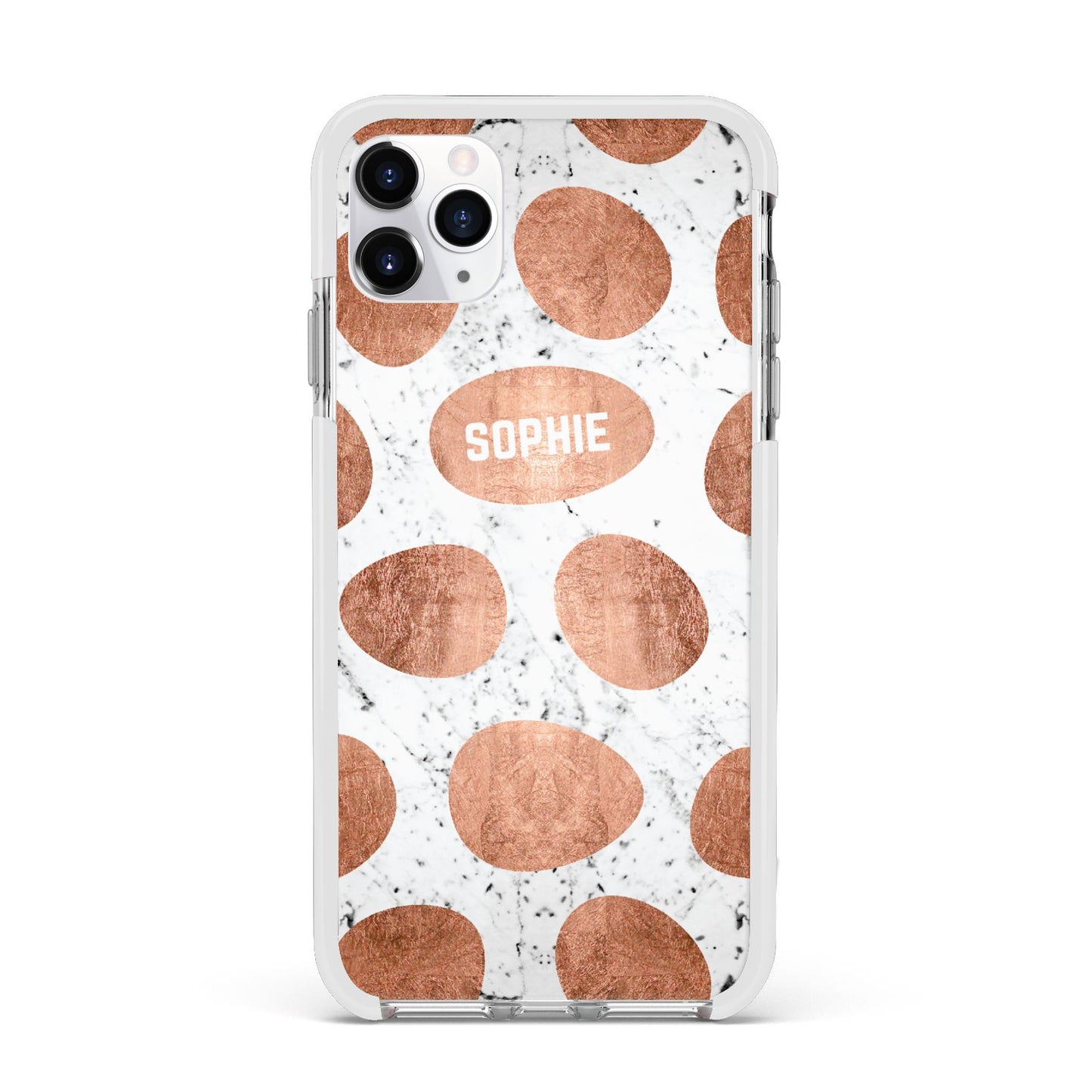 Personalised Marble Name Initials Rose Gold Dots Apple iPhone 11 Pro Max in Silver with White Impact Case