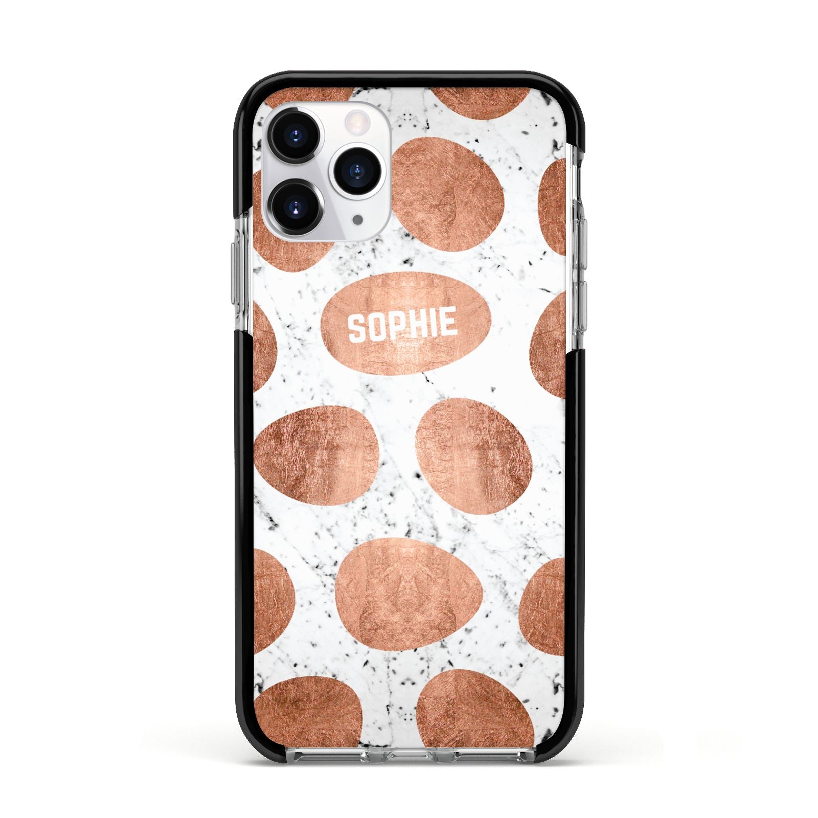 Personalised Marble Name Initials Rose Gold Dots Apple iPhone 11 Pro in Silver with Black Impact Case