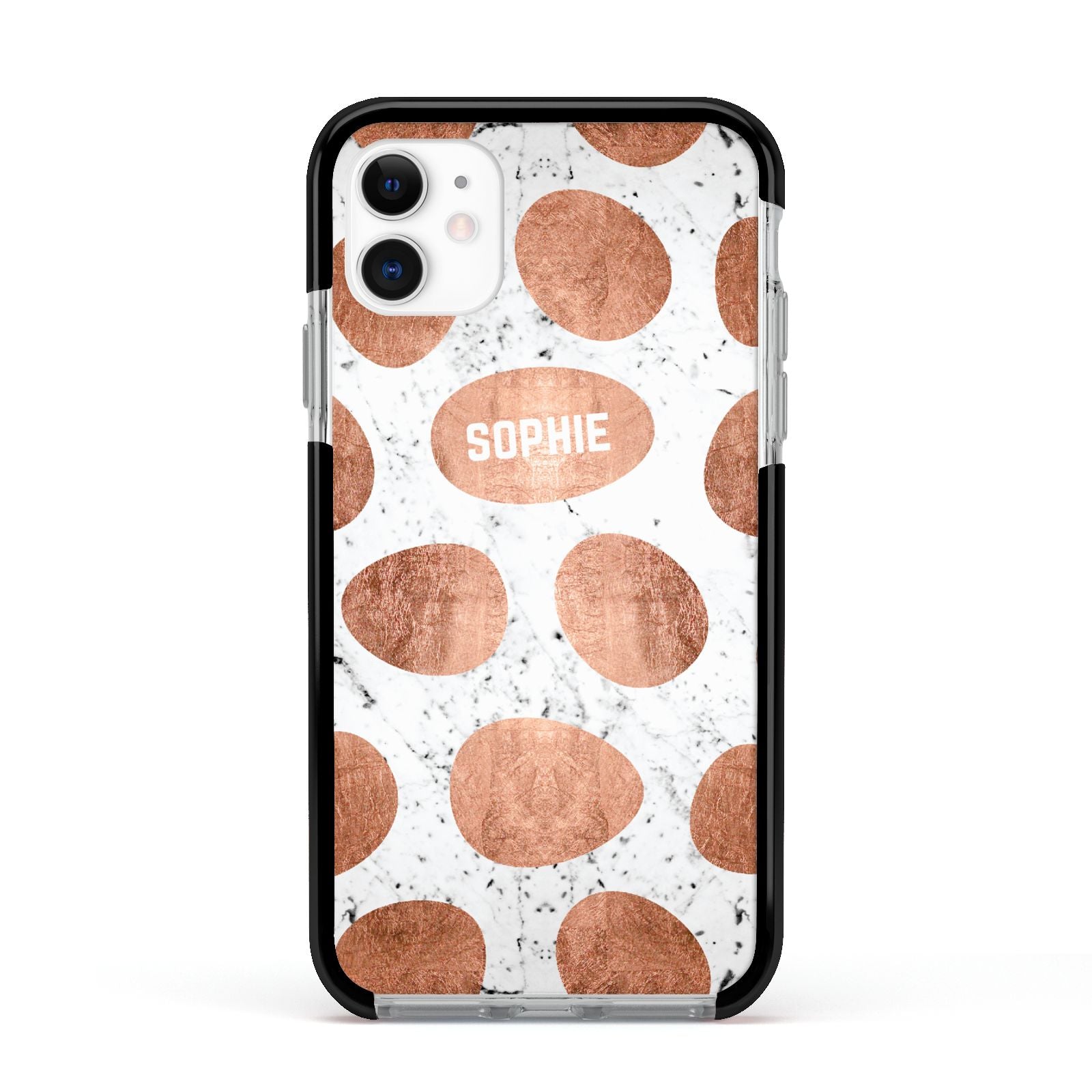 Personalised Marble Name Initials Rose Gold Dots Apple iPhone 11 in White with Black Impact Case