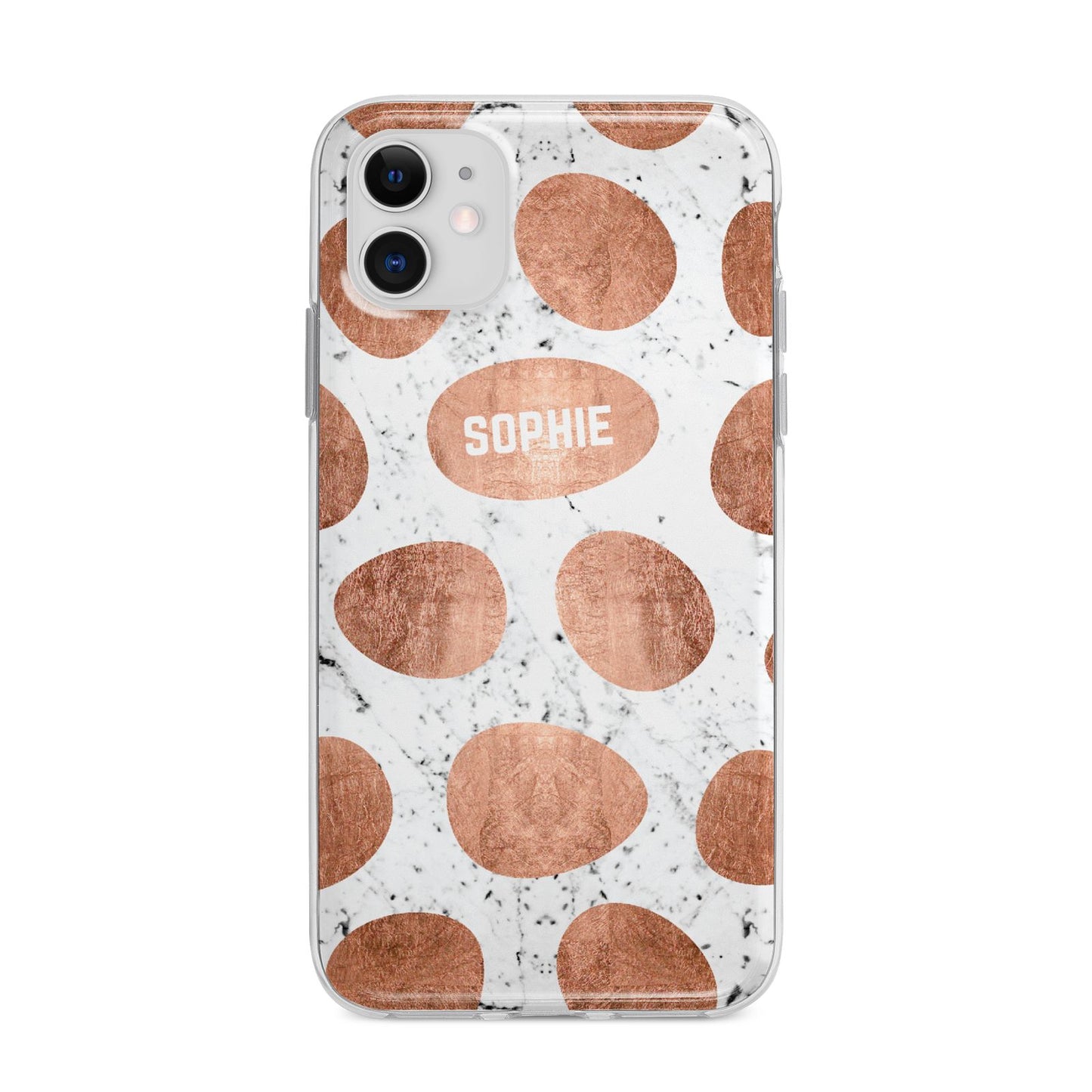 Personalised Marble Name Initials Rose Gold Dots Apple iPhone 11 in White with Bumper Case