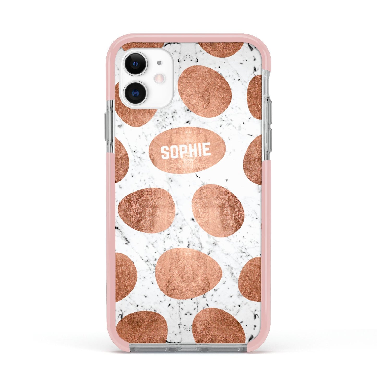 Personalised Marble Name Initials Rose Gold Dots Apple iPhone 11 in White with Pink Impact Case