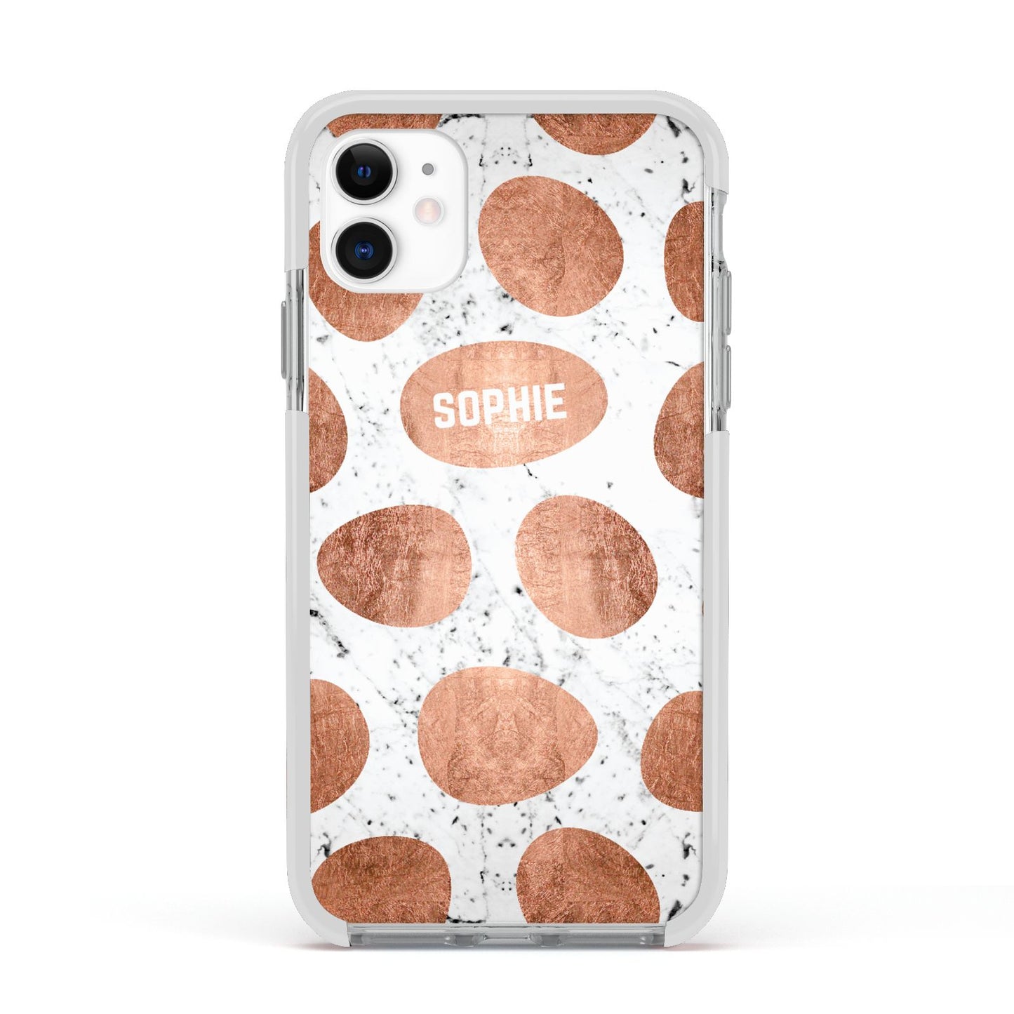 Personalised Marble Name Initials Rose Gold Dots Apple iPhone 11 in White with White Impact Case