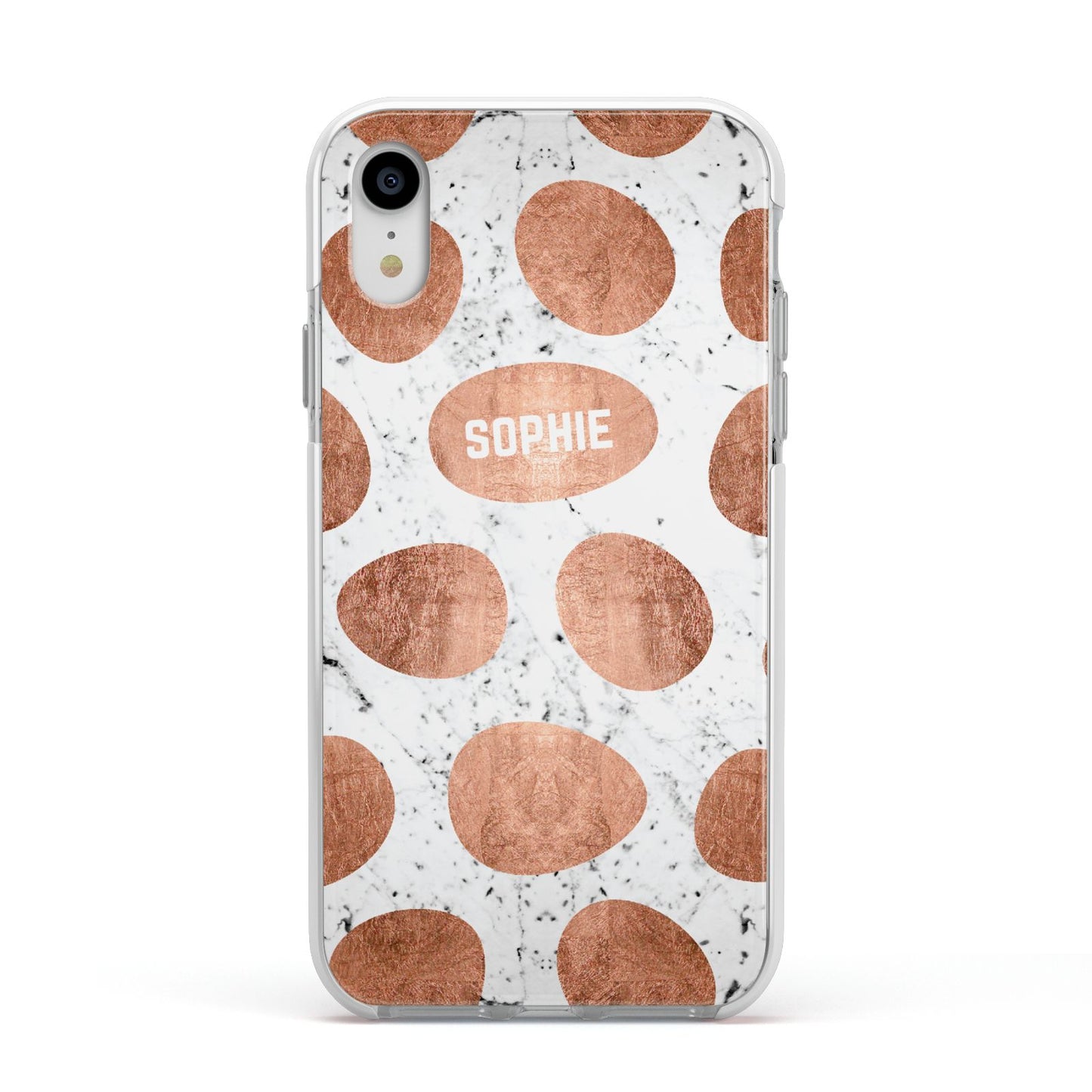 Personalised Marble Name Initials Rose Gold Dots Apple iPhone XR Impact Case White Edge on Silver Phone