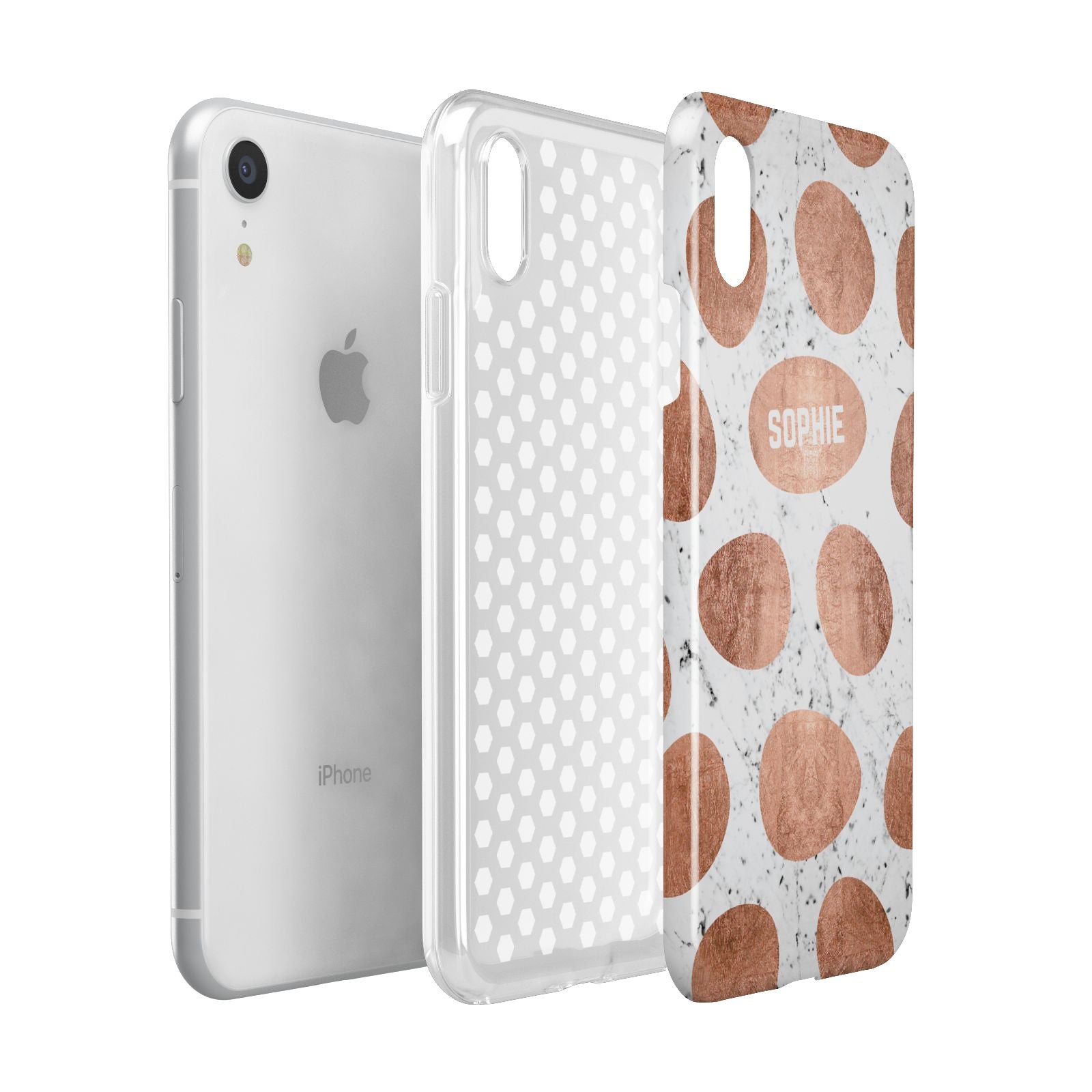 Personalised Marble Name Initials Rose Gold Dots Apple iPhone XR White 3D Tough Case Expanded view