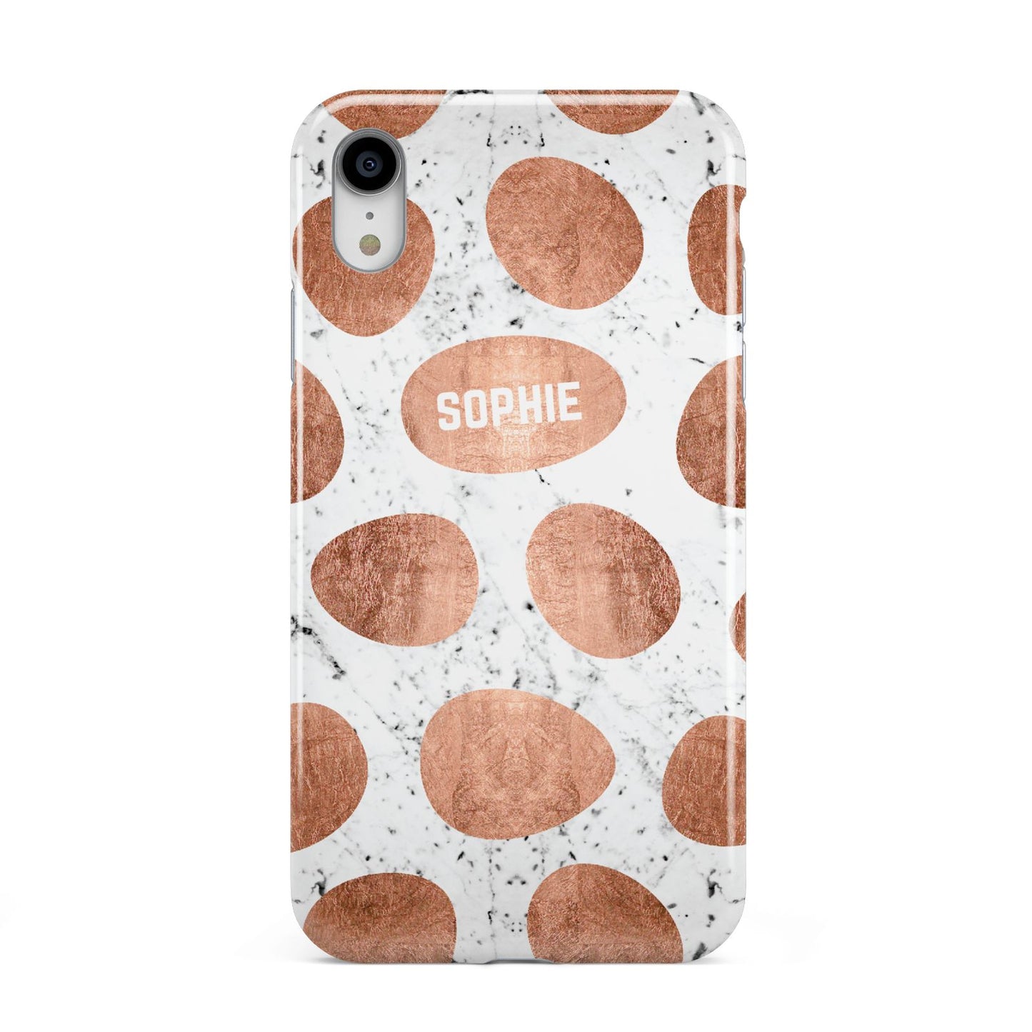 Personalised Marble Name Initials Rose Gold Dots Apple iPhone XR White 3D Tough Case