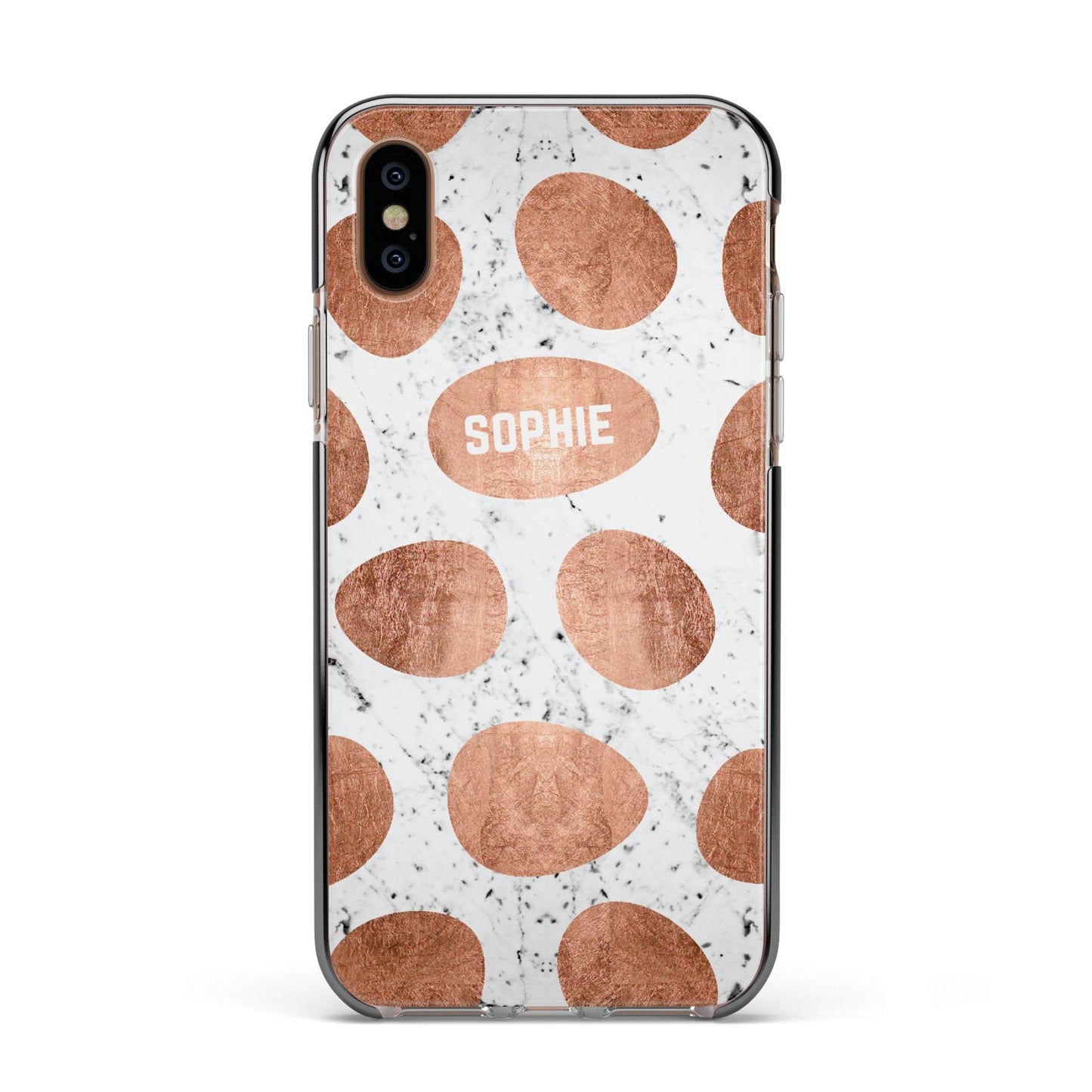 Personalised Marble Name Initials Rose Gold Dots Apple iPhone Xs Impact Case Black Edge on Gold Phone