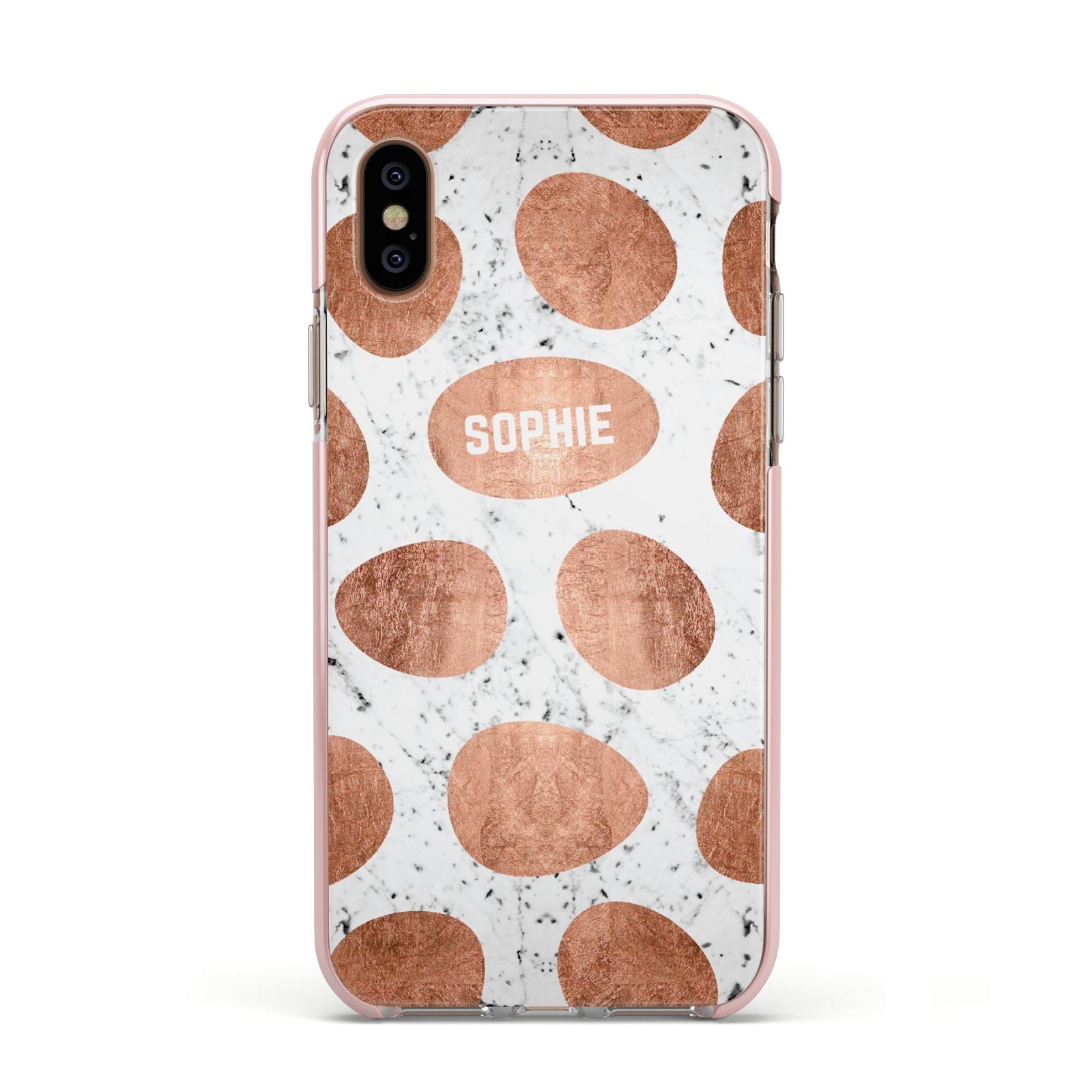 Personalised Marble Name Initials Rose Gold Dots Apple iPhone Xs Impact Case Pink Edge on Gold Phone