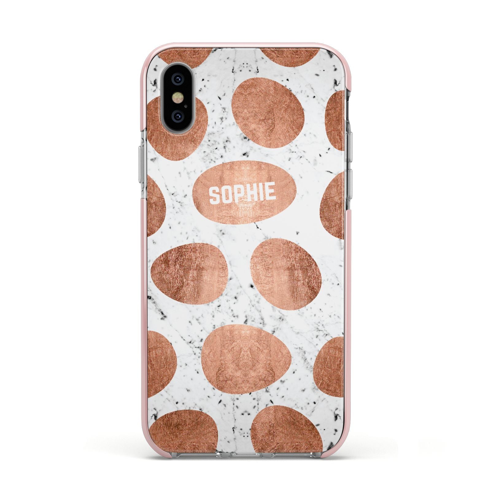 Personalised Marble Name Initials Rose Gold Dots Apple iPhone Xs Impact Case Pink Edge on Silver Phone