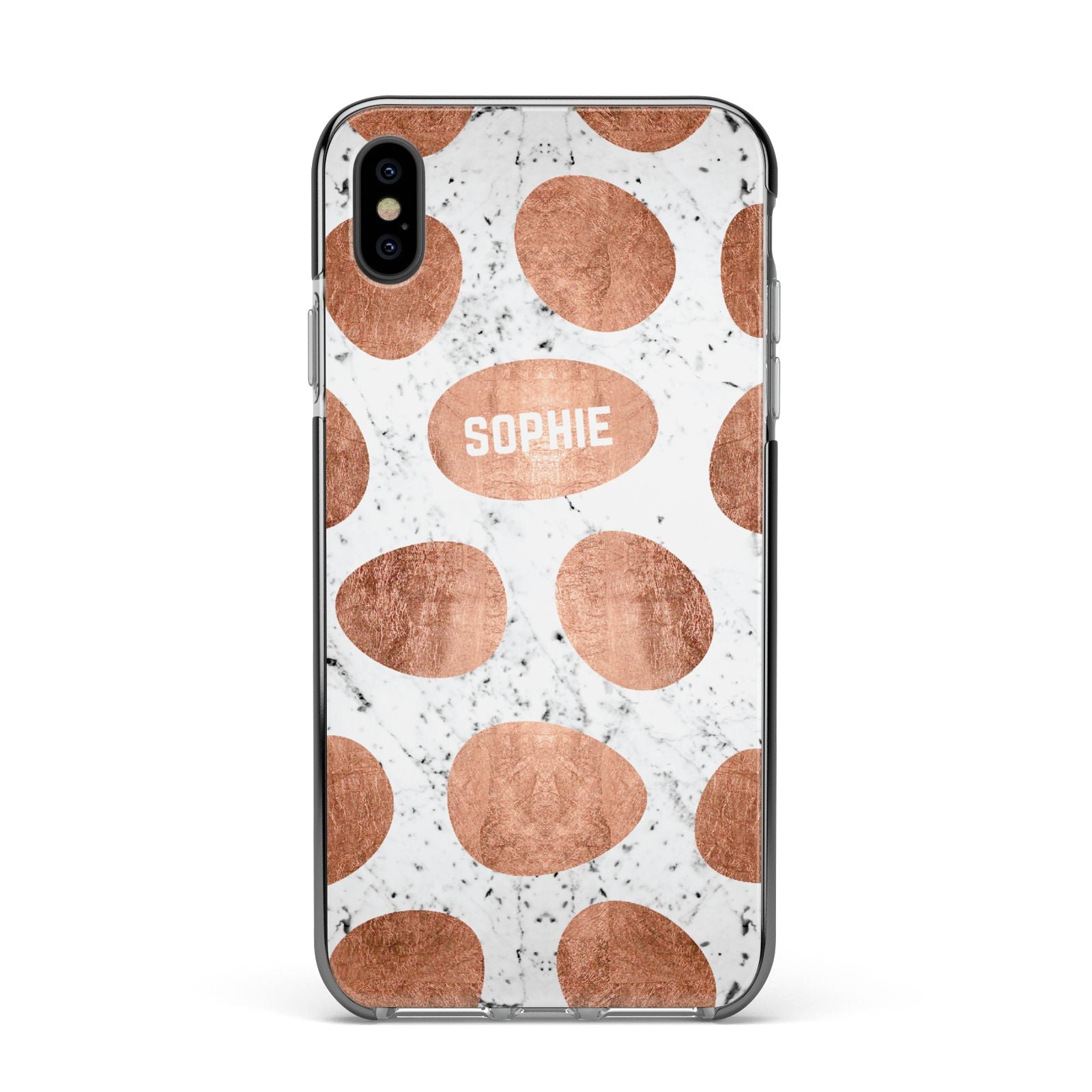 Personalised Marble Name Initials Rose Gold Dots Apple iPhone Xs Max Impact Case Black Edge on Black Phone