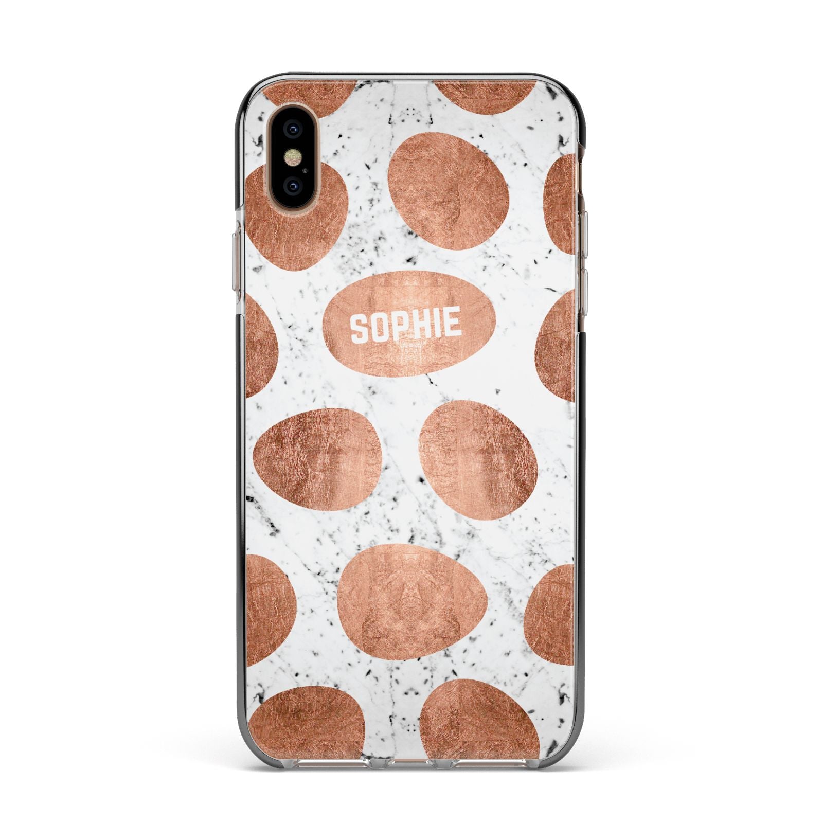 Personalised Marble Name Initials Rose Gold Dots Apple iPhone Xs Max Impact Case Black Edge on Gold Phone