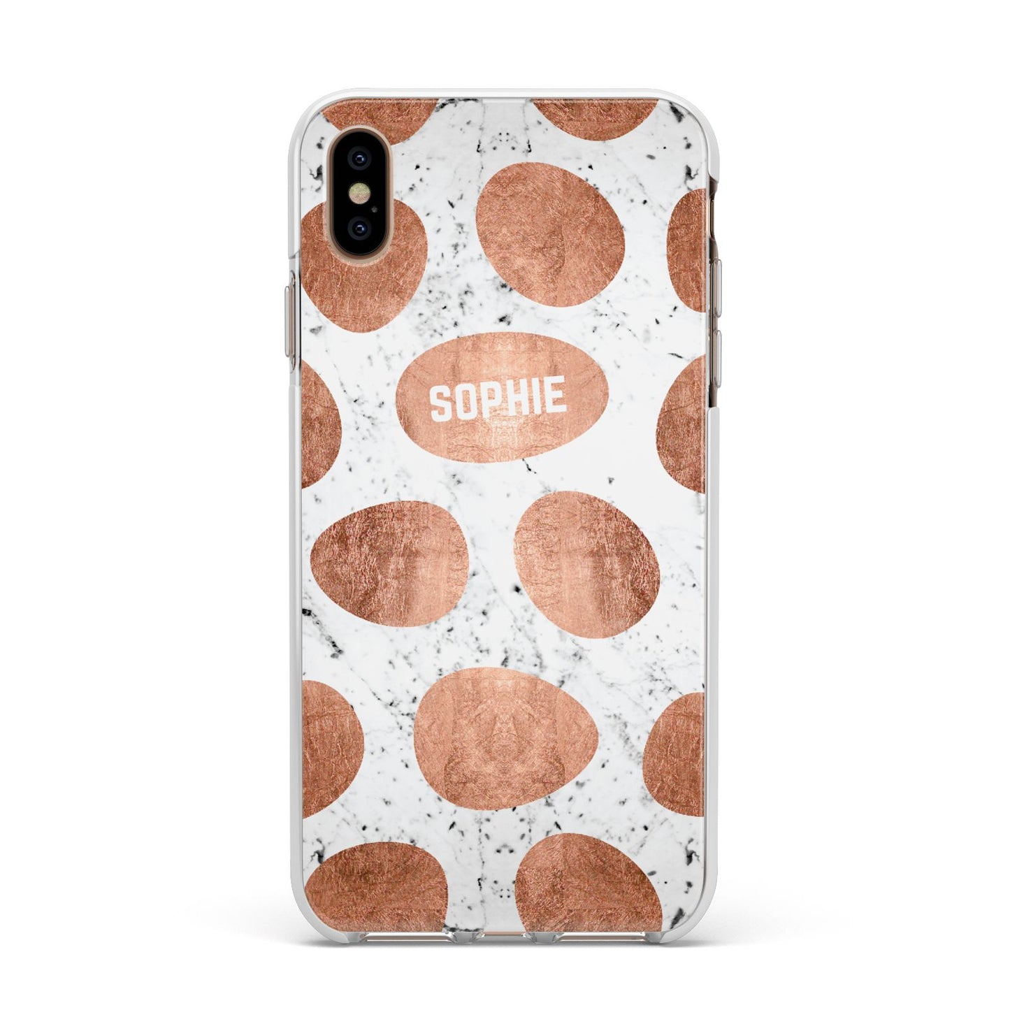 Personalised Marble Name Initials Rose Gold Dots Apple iPhone Xs Max Impact Case White Edge on Gold Phone