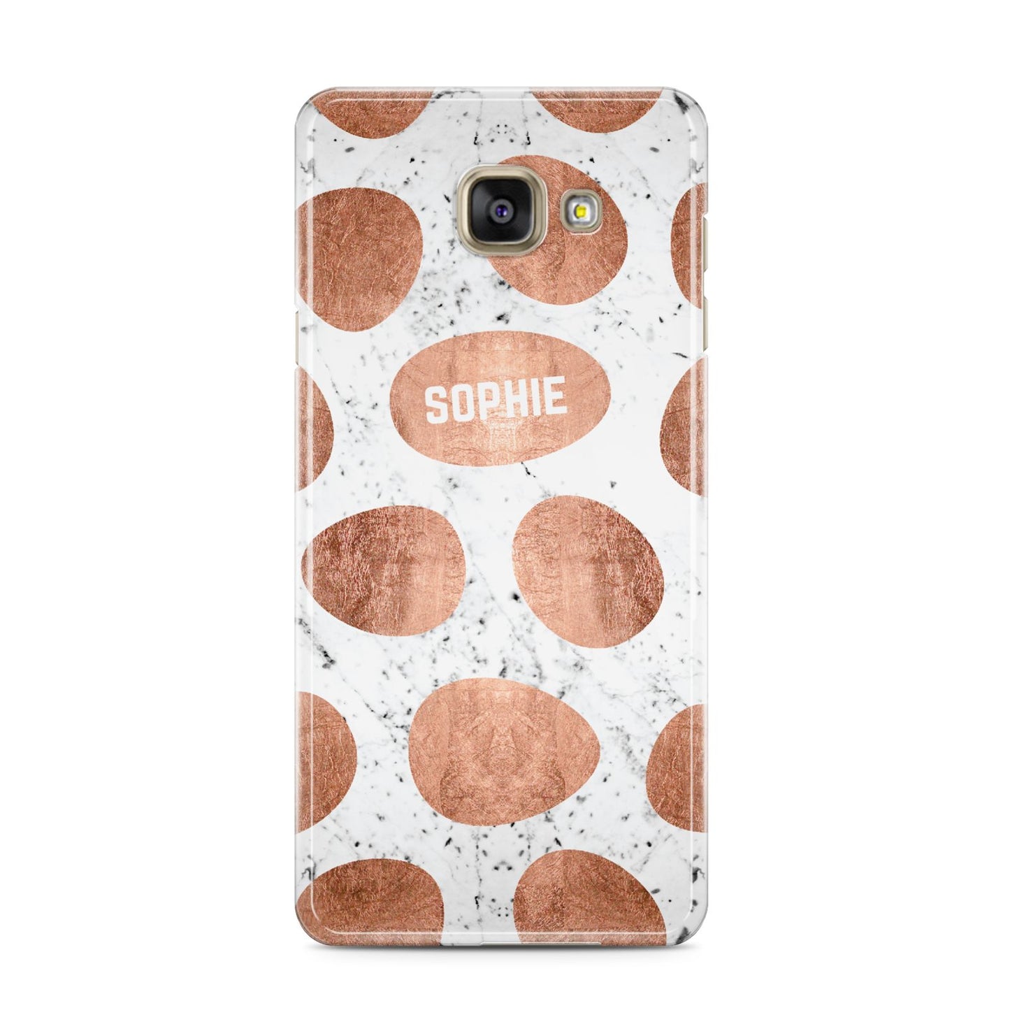 Personalised Marble Name Initials Rose Gold Dots Samsung Galaxy A3 2016 Case on gold phone