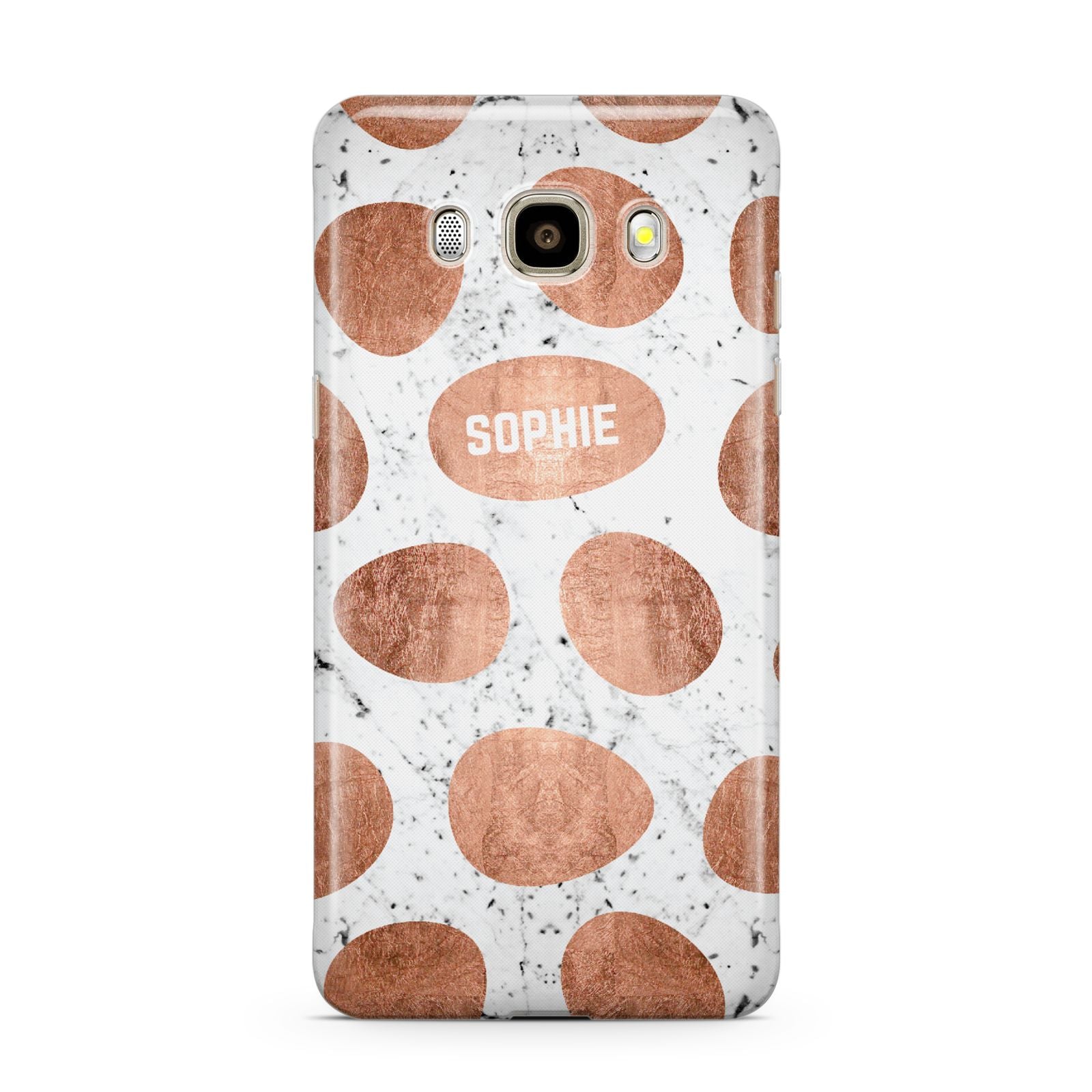 Personalised Marble Name Initials Rose Gold Dots Samsung Galaxy J7 2016 Case on gold phone