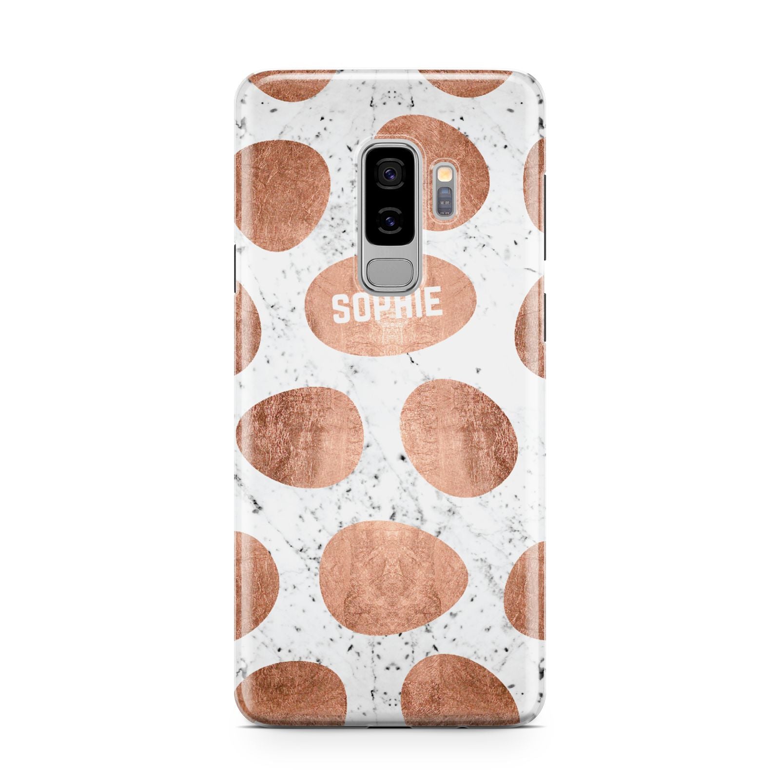 Personalised Marble Name Initials Rose Gold Dots Samsung Galaxy S9 Plus Case on Silver phone