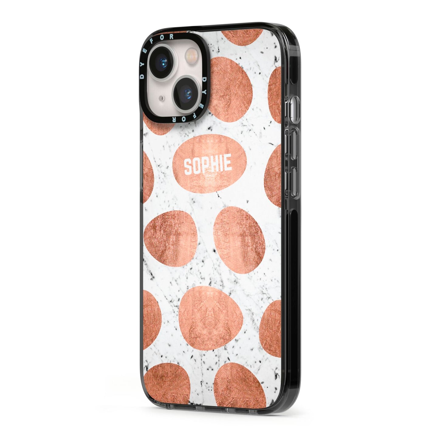 Personalised Marble Name Initials Rose Gold Dots iPhone 13 Black Impact Case Side Angle on Silver phone