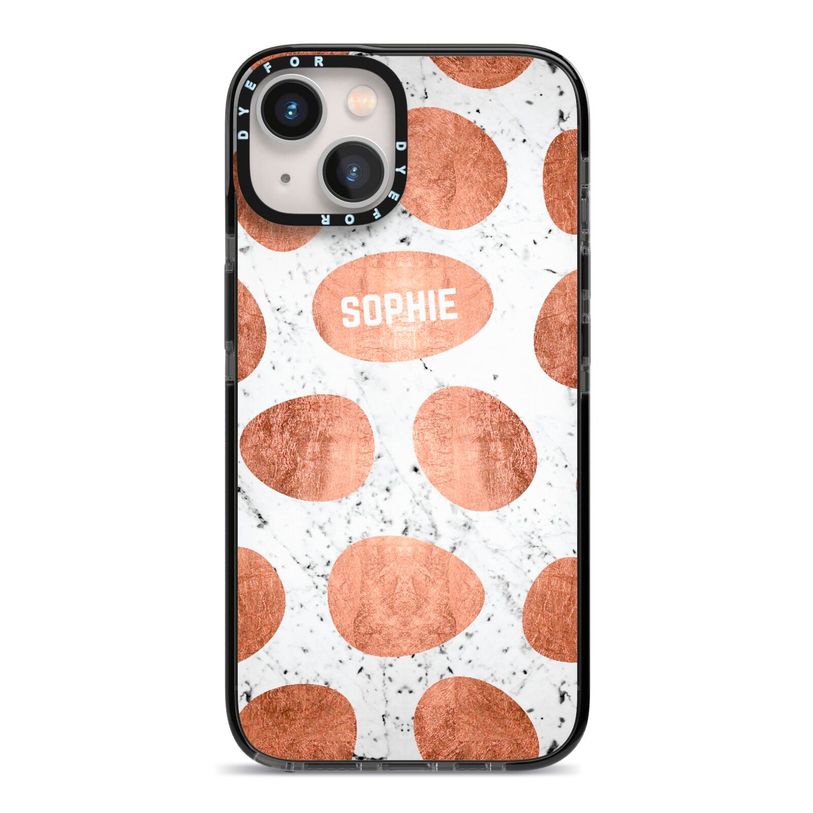 Personalised Marble Name Initials Rose Gold Dots iPhone 13 Black Impact Case on Silver phone