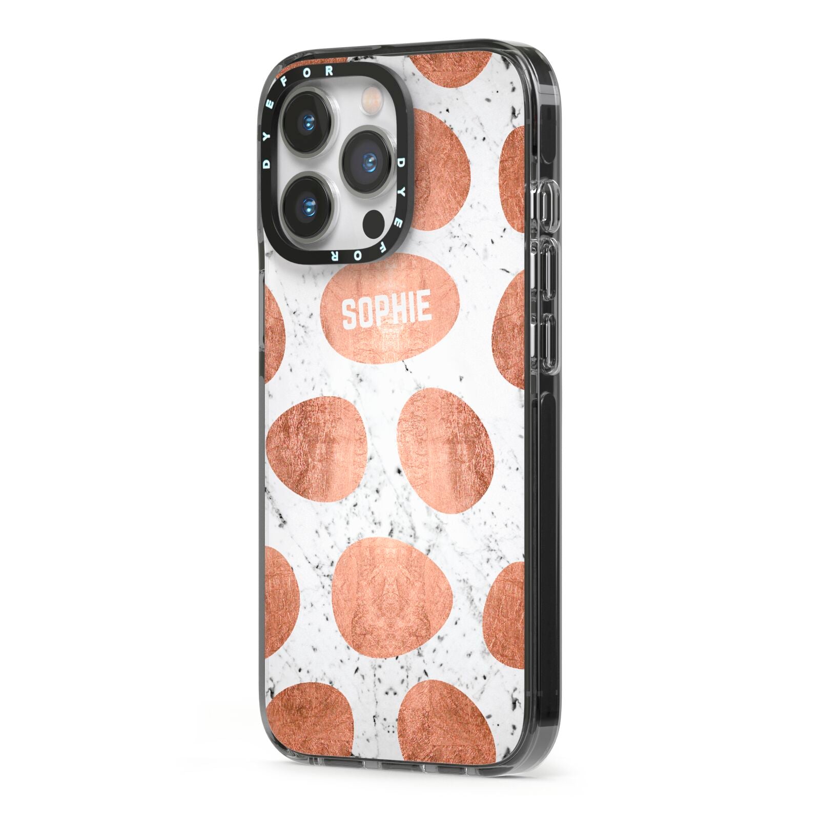 Personalised Marble Name Initials Rose Gold Dots iPhone 13 Pro Black Impact Case Side Angle on Silver phone