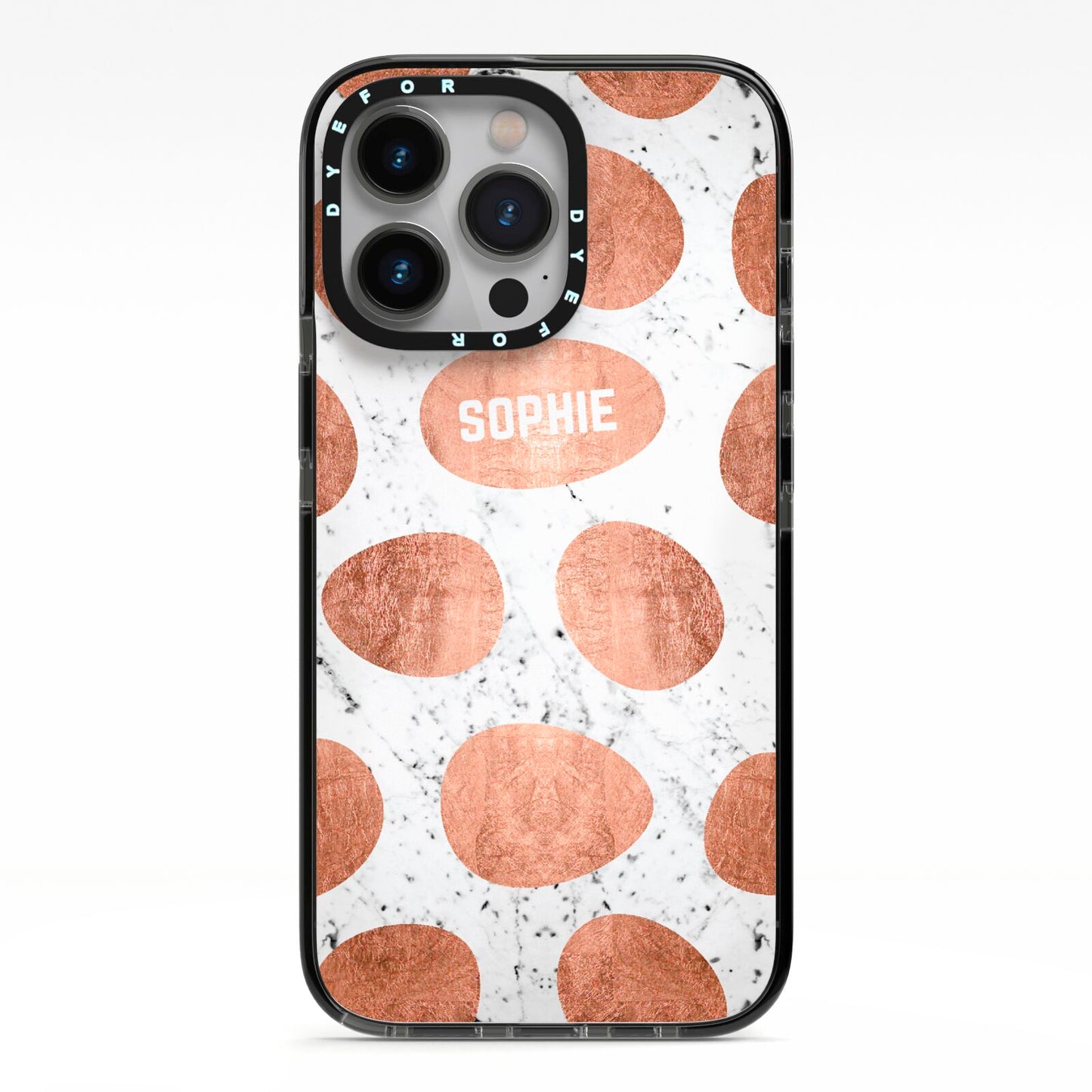 Personalised Marble Name Initials Rose Gold Dots iPhone 13 Pro Black Impact Case on Silver phone