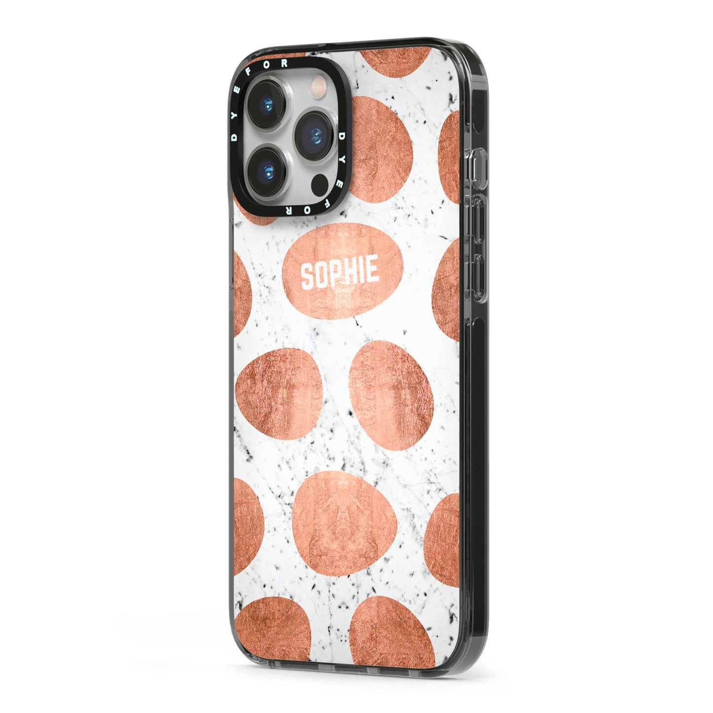 Personalised Marble Name Initials Rose Gold Dots iPhone 13 Pro Max Black Impact Case Side Angle on Silver phone