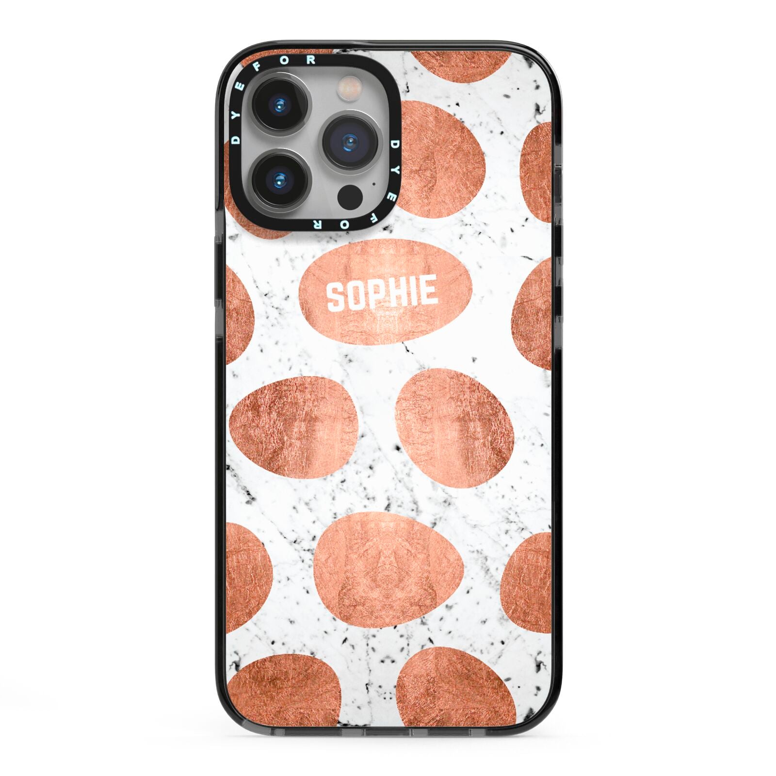 Personalised Marble Name Initials Rose Gold Dots iPhone 13 Pro Max Black Impact Case on Silver phone