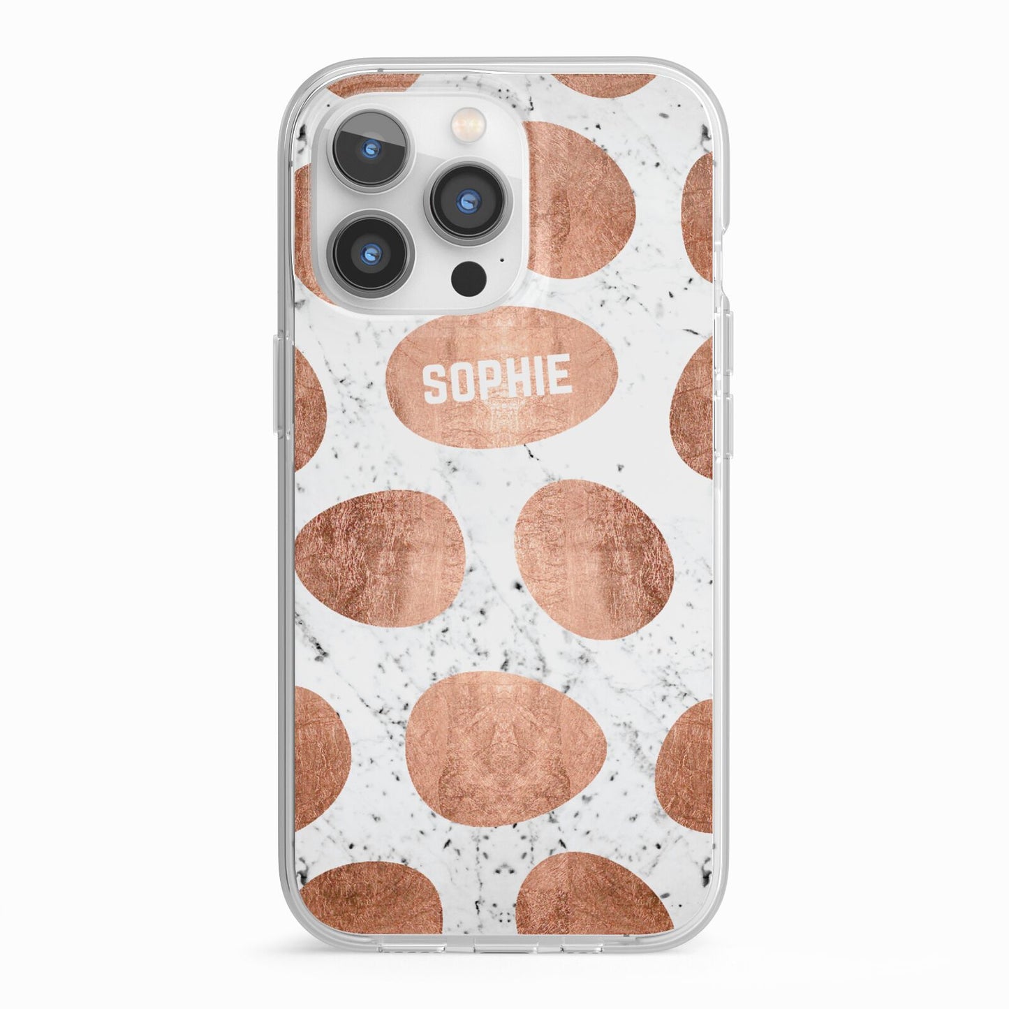 Personalised Marble Name Initials Rose Gold Dots iPhone 13 Pro TPU Impact Case with White Edges