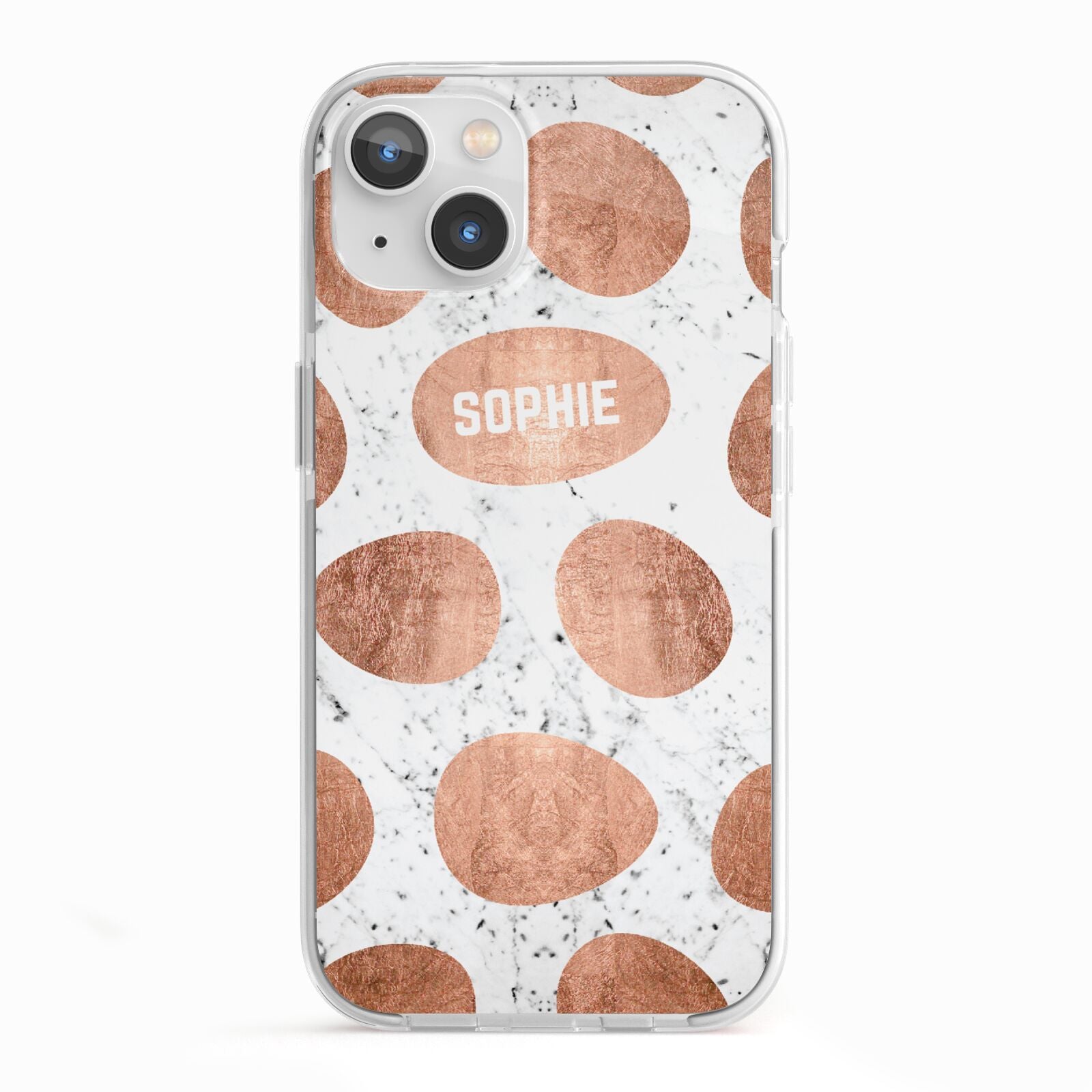 Personalised Marble Name Initials Rose Gold Dots iPhone 13 TPU Impact Case with White Edges