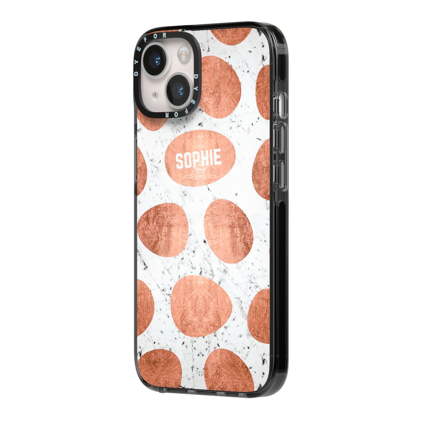 Personalised Marble Name Initials Rose Gold Dots iPhone 14 Black Impact Case Side Angle on Silver phone