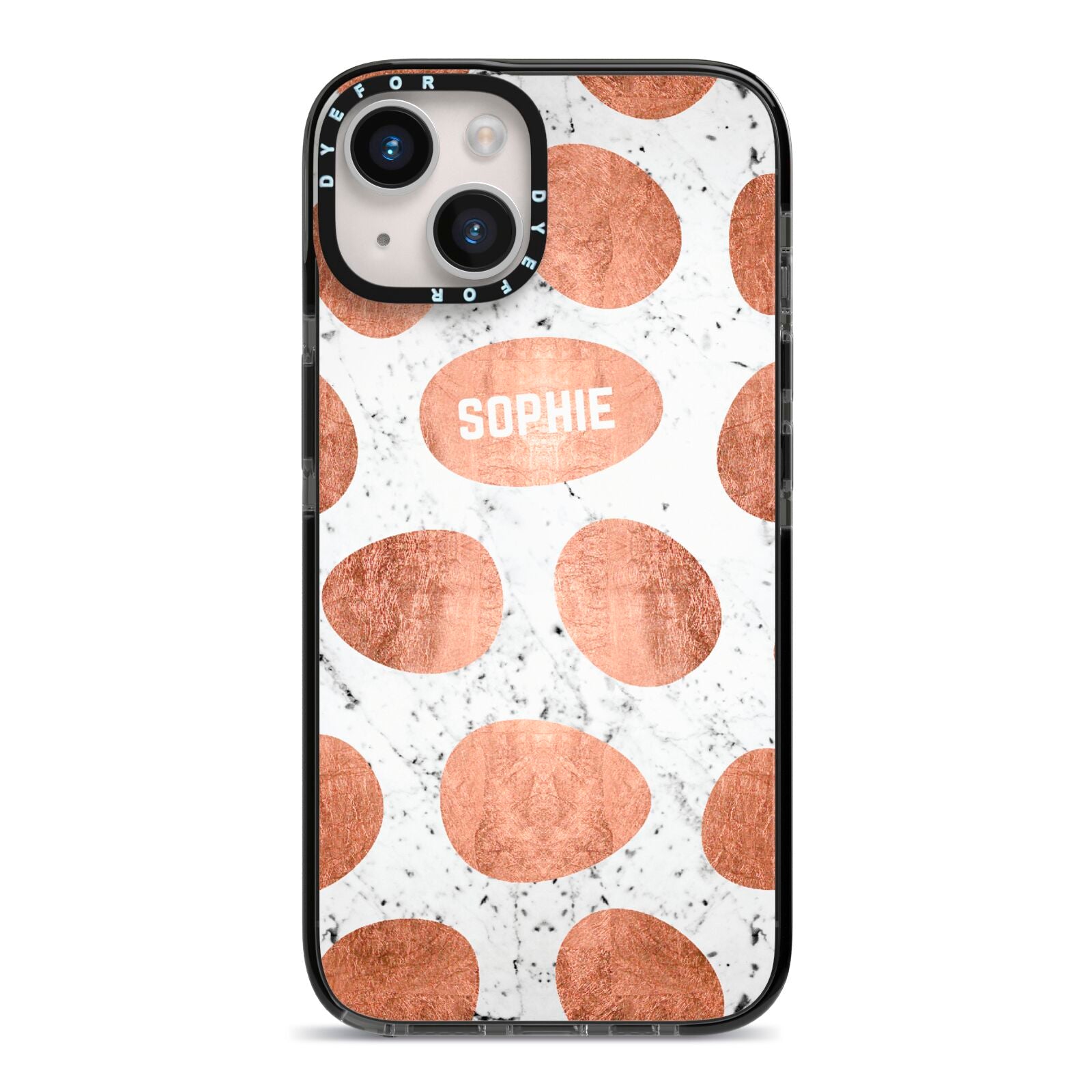 Personalised Marble Name Initials Rose Gold Dots iPhone 14 Black Impact Case on Silver phone