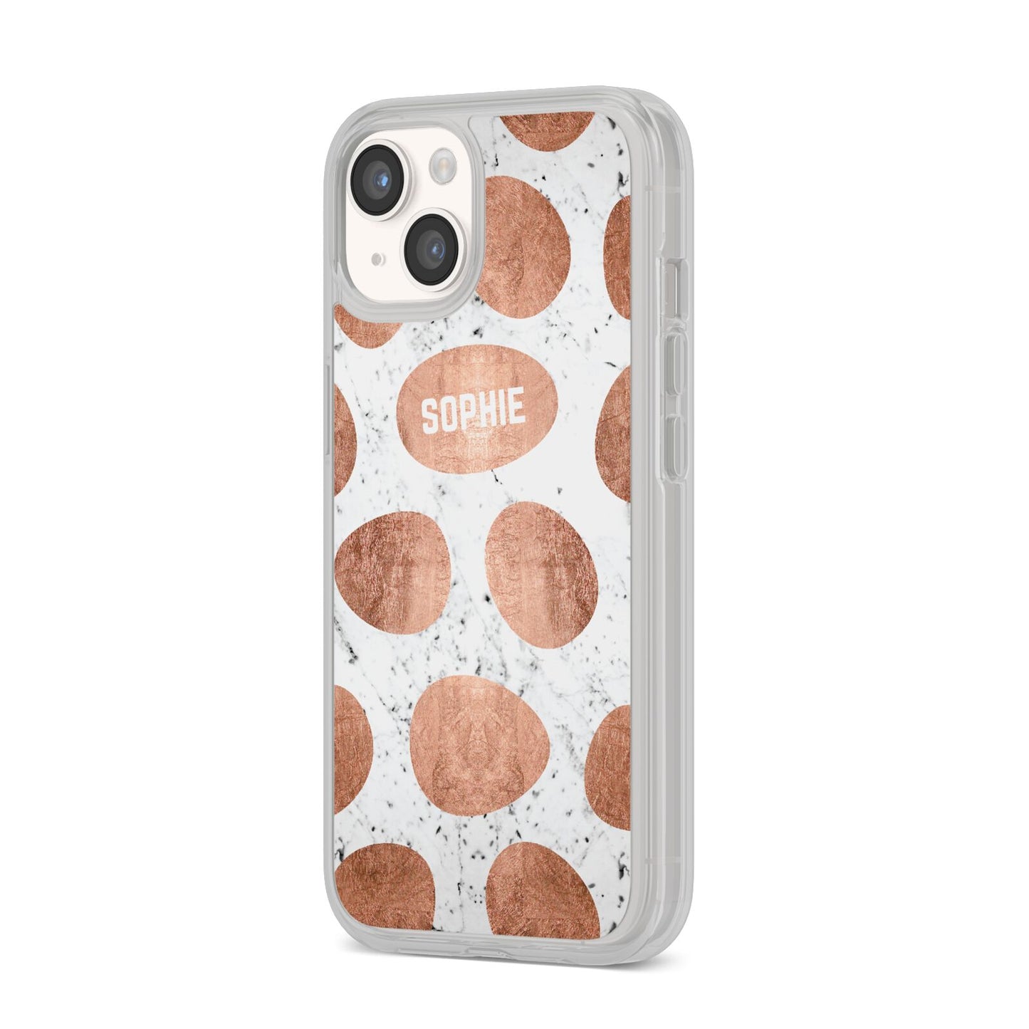 Personalised Marble Name Initials Rose Gold Dots iPhone 14 Clear Tough Case Starlight Angled Image
