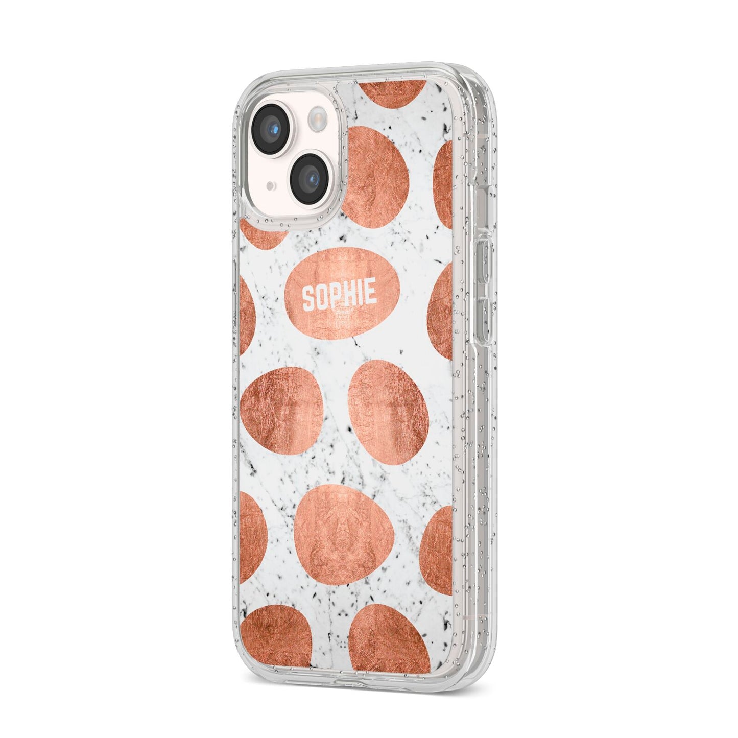 Personalised Marble Name Initials Rose Gold Dots iPhone 14 Glitter Tough Case Starlight Angled Image