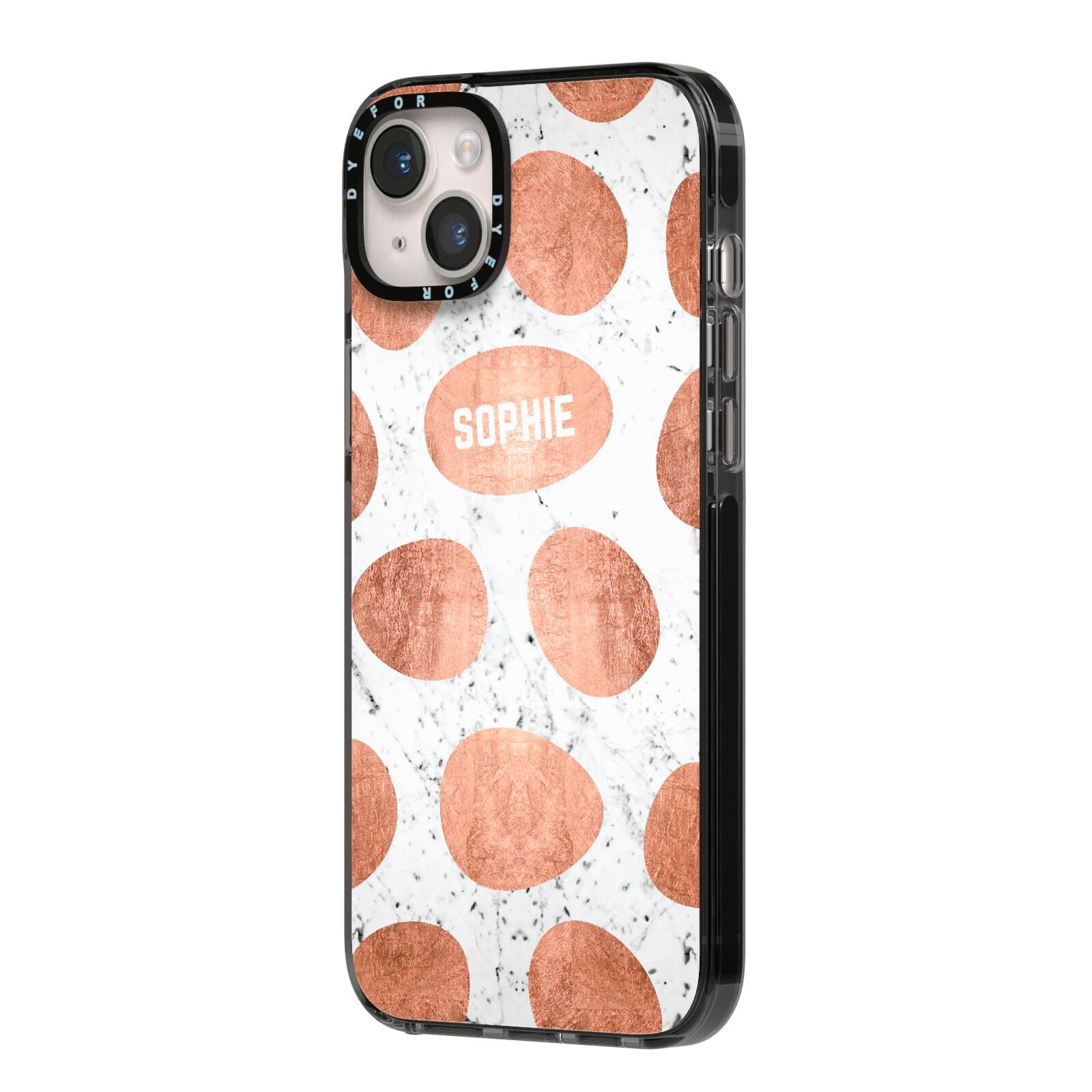 Personalised Marble Name Initials Rose Gold Dots iPhone 14 Plus Black Impact Case Side Angle on Silver phone