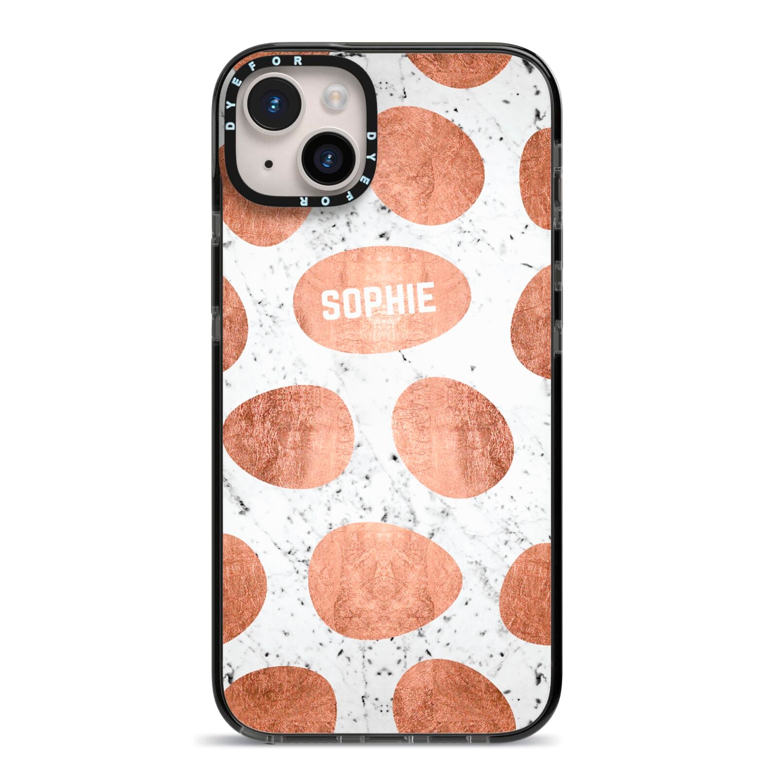 Personalised Marble Name Initials Rose Gold Dots iPhone 14 Plus Black Impact Case on Silver phone