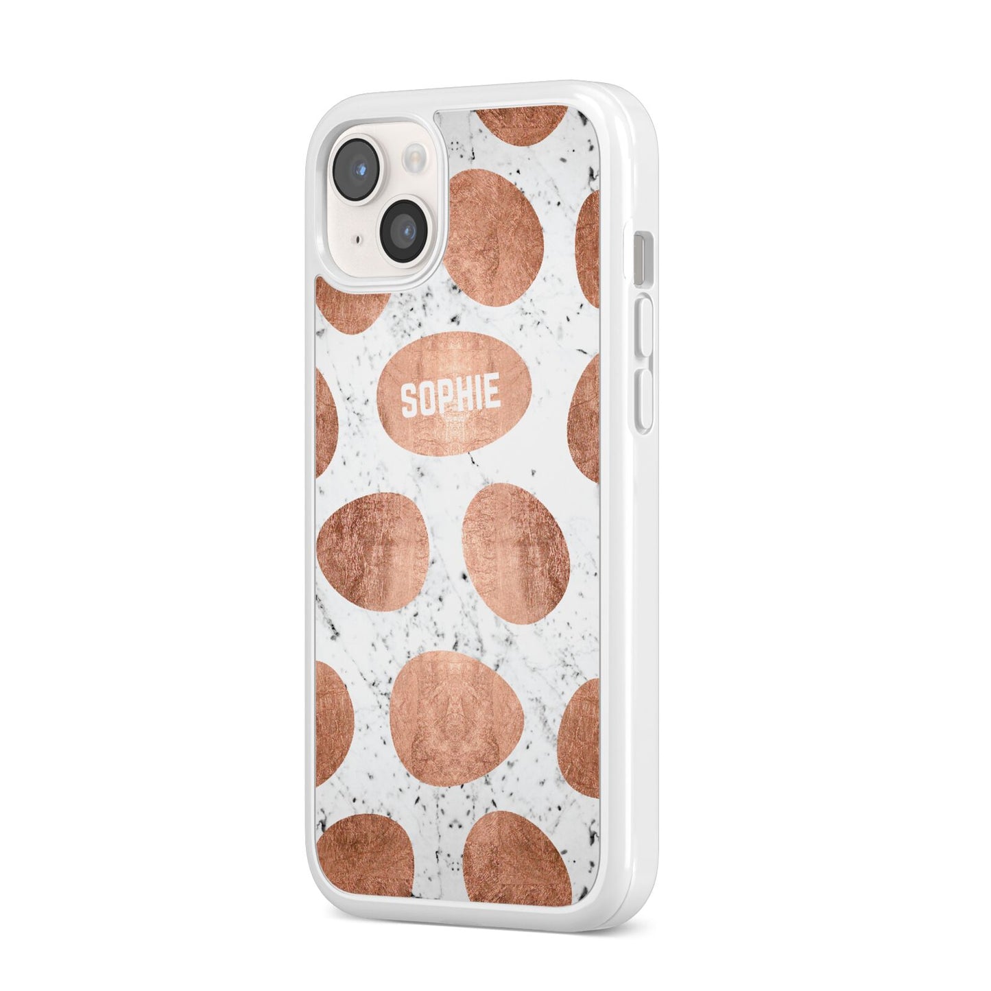Personalised Marble Name Initials Rose Gold Dots iPhone 14 Plus Clear Tough Case Starlight Angled Image