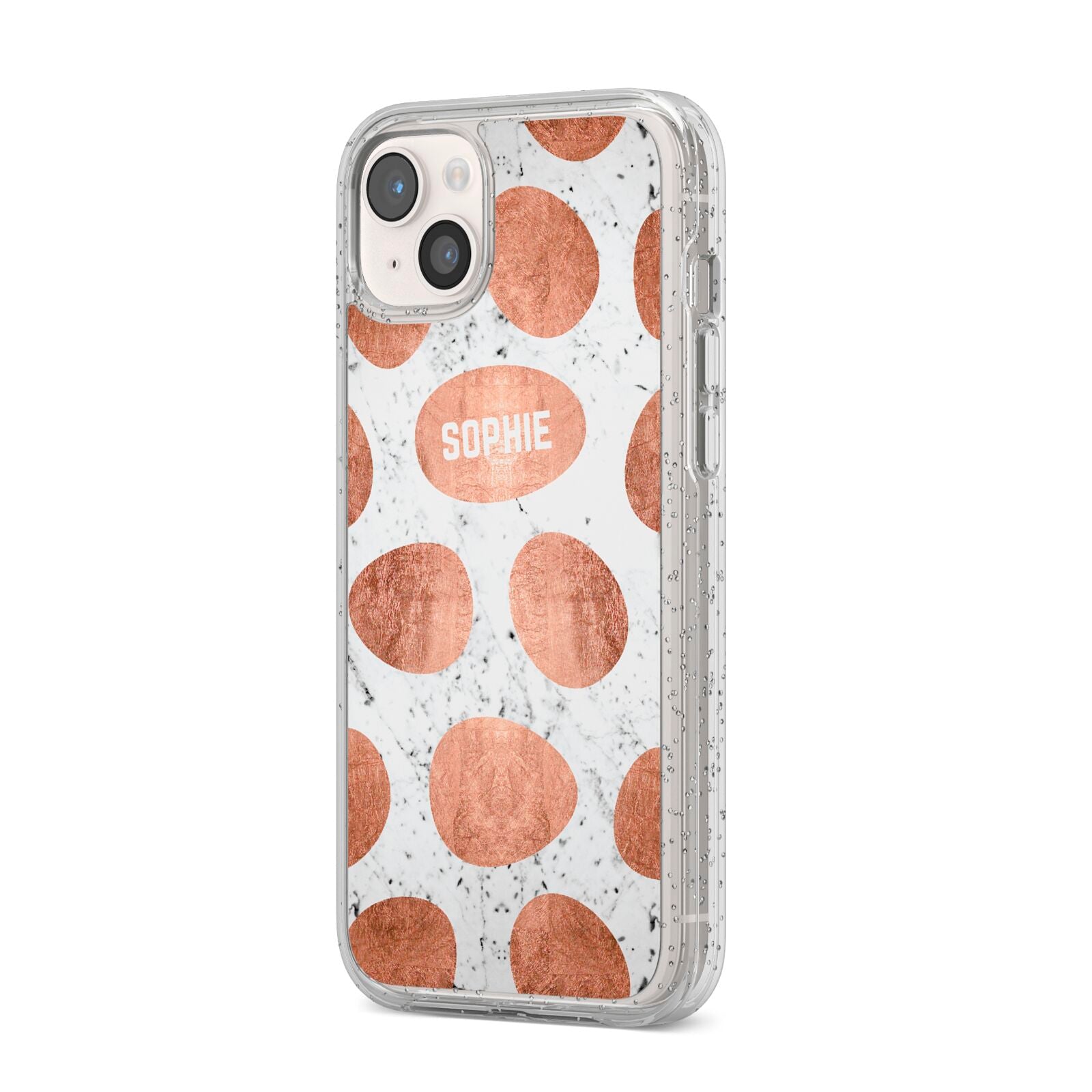 Personalised Marble Name Initials Rose Gold Dots iPhone 14 Plus Glitter Tough Case Starlight Angled Image