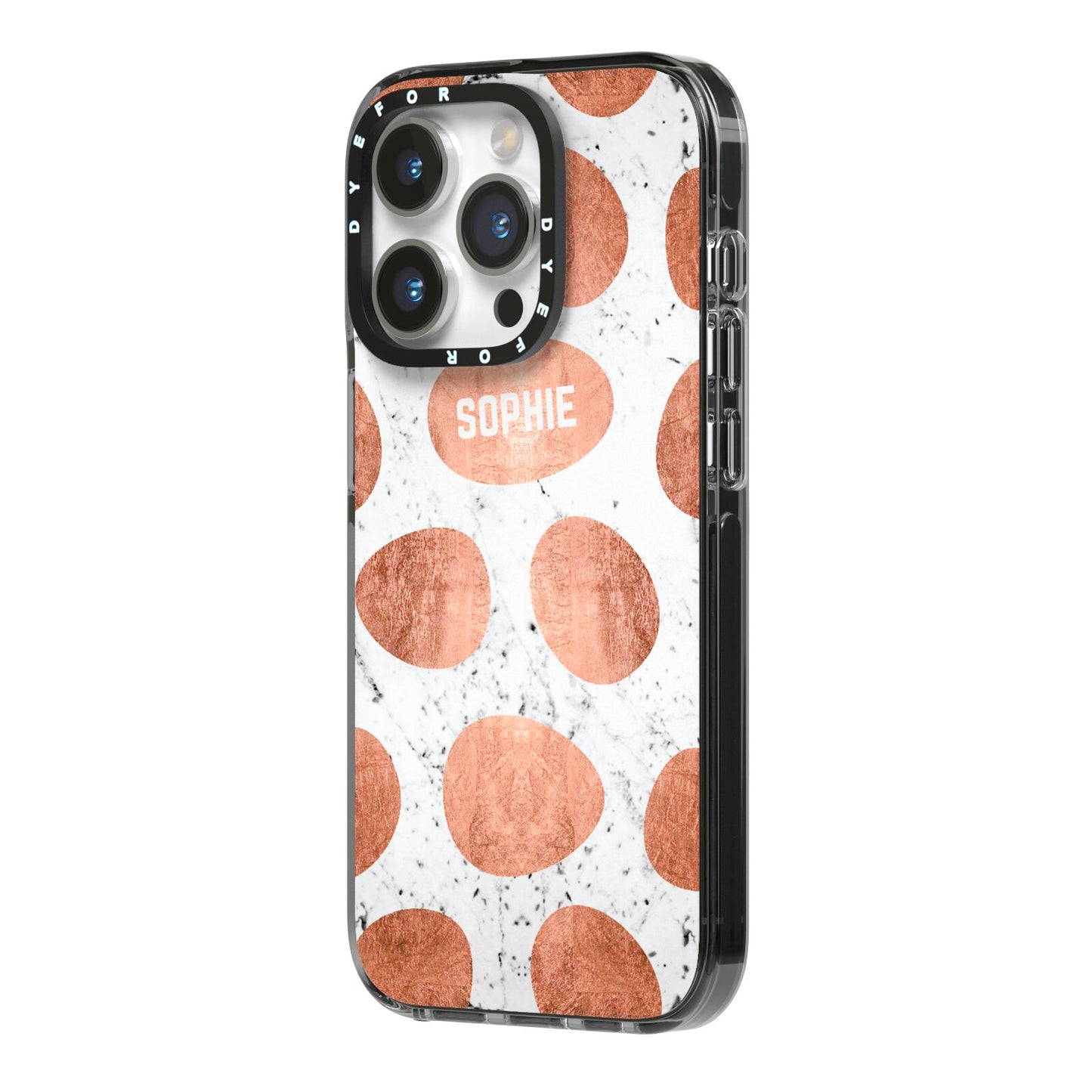 Personalised Marble Name Initials Rose Gold Dots iPhone 14 Pro Black Impact Case Side Angle on Silver phone