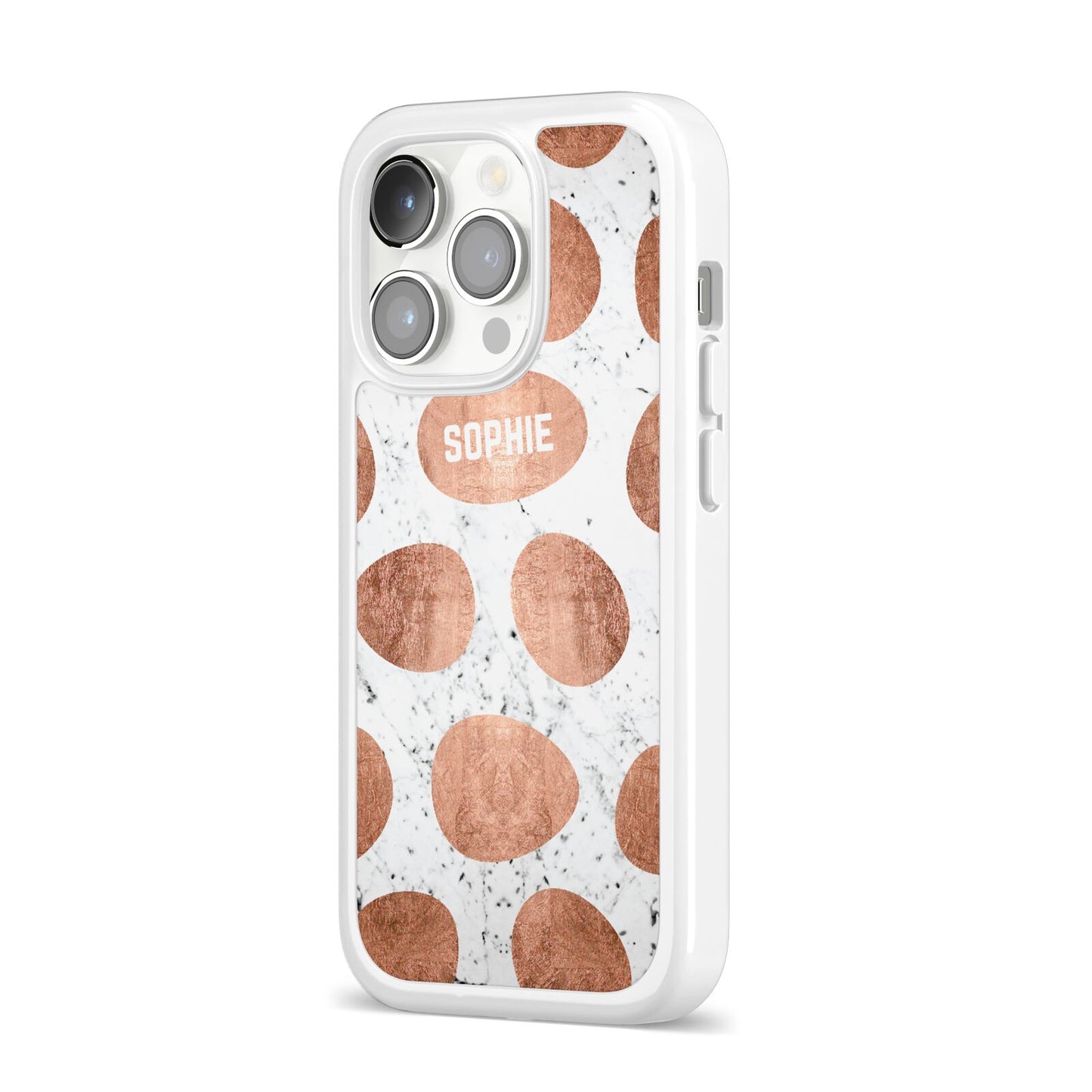 Personalised Marble Name Initials Rose Gold Dots iPhone 14 Pro Clear Tough Case Silver Angled Image
